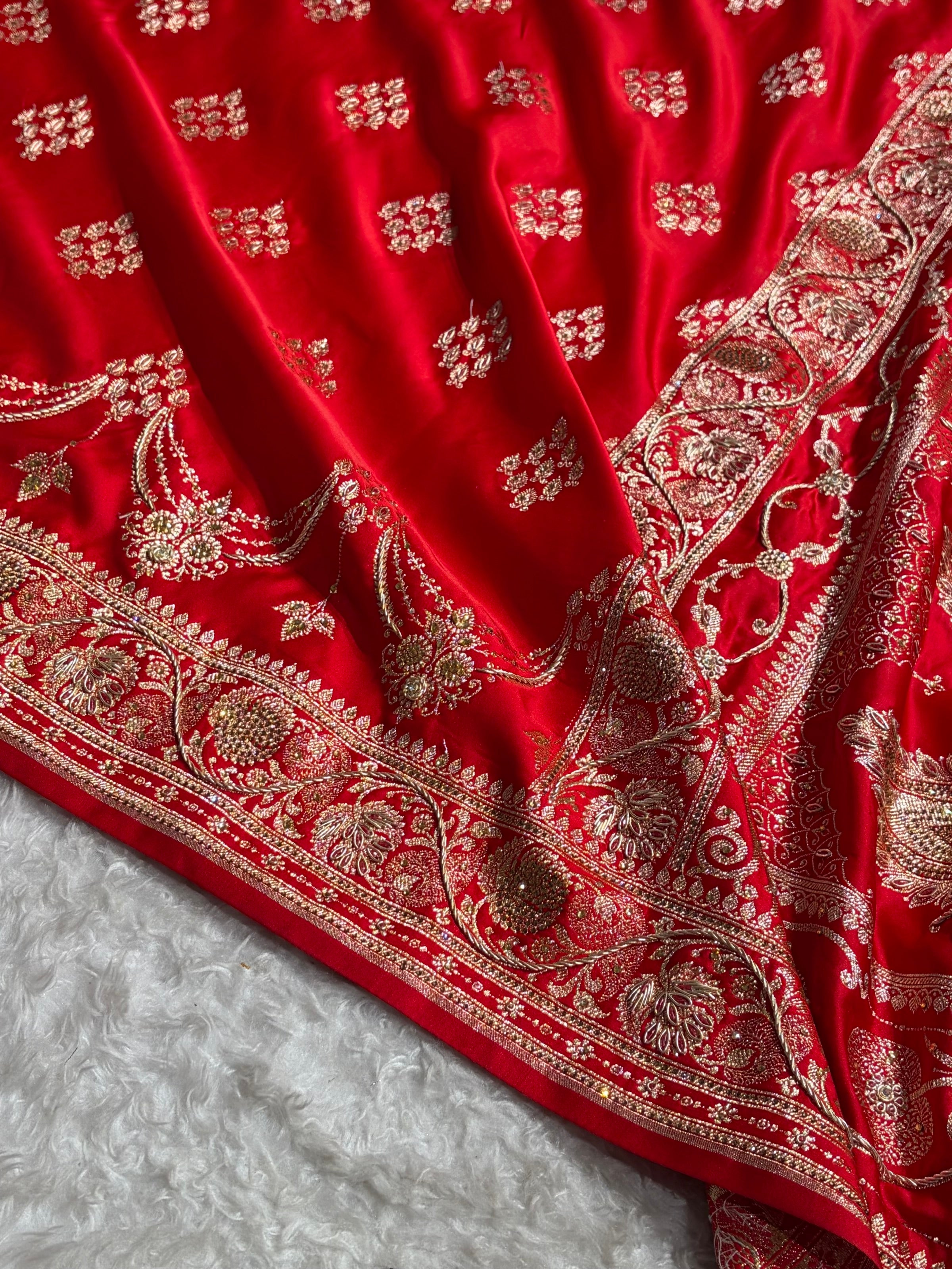 Bridal Red Floral Boota Pattern With Zardozi Stone Work Satin Katan Silk saree BSK34