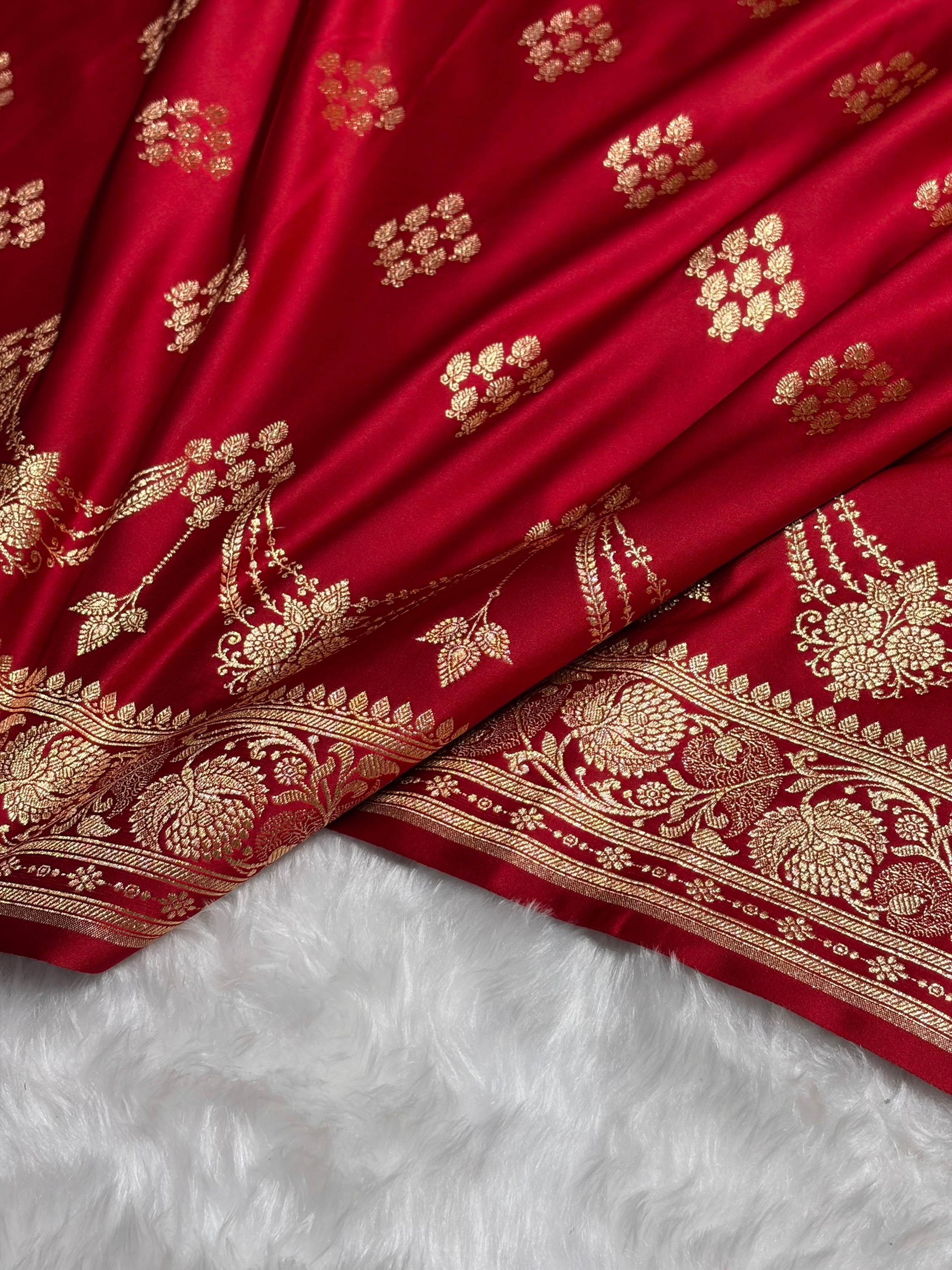 Red Floral Boota Satin Katan Silk saree SK34