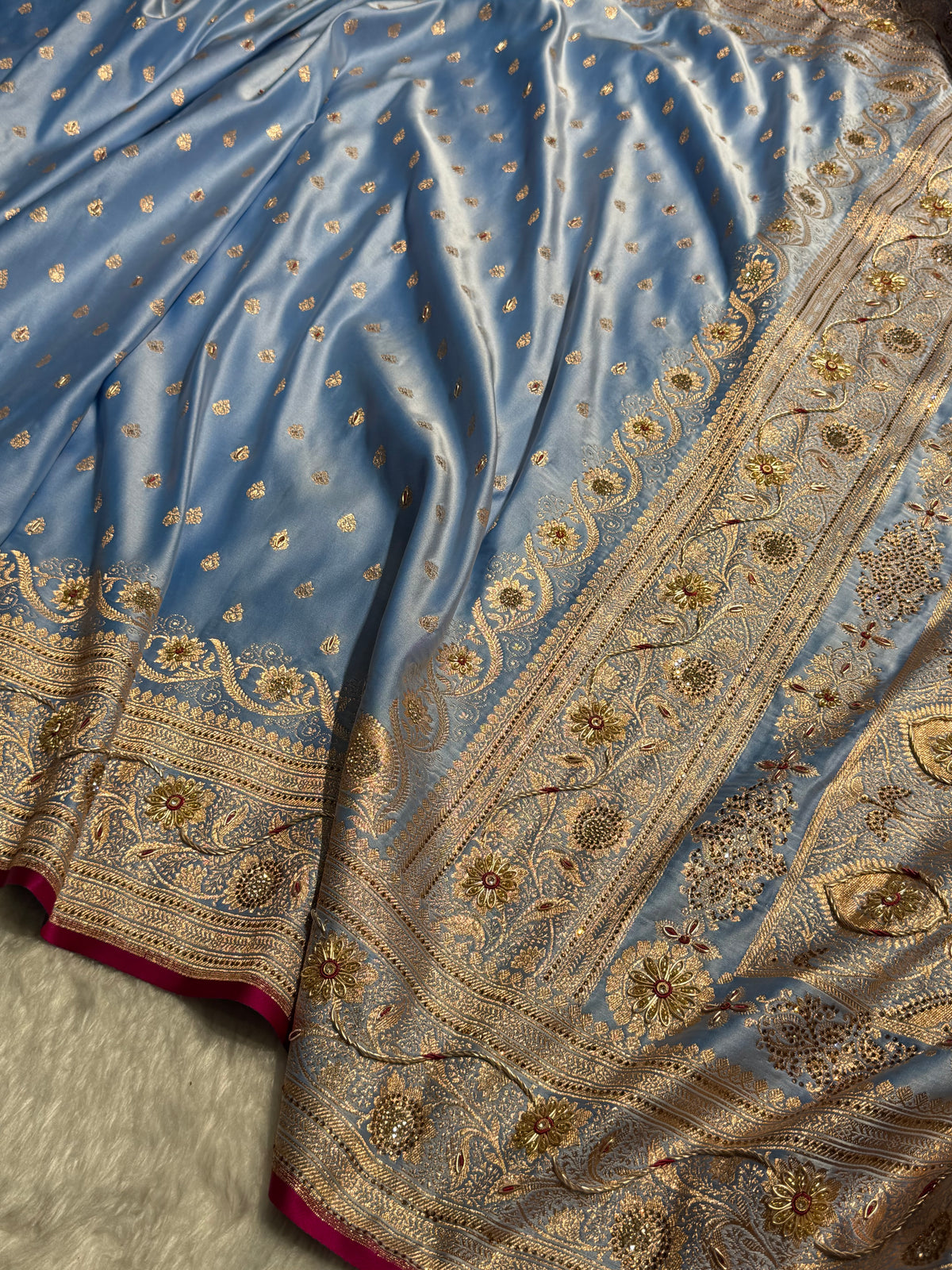 Banarasi Satin Katan Silk Saree With Ari Zardozi And Swarovski Work In Pastel Firozy Shades BSK08