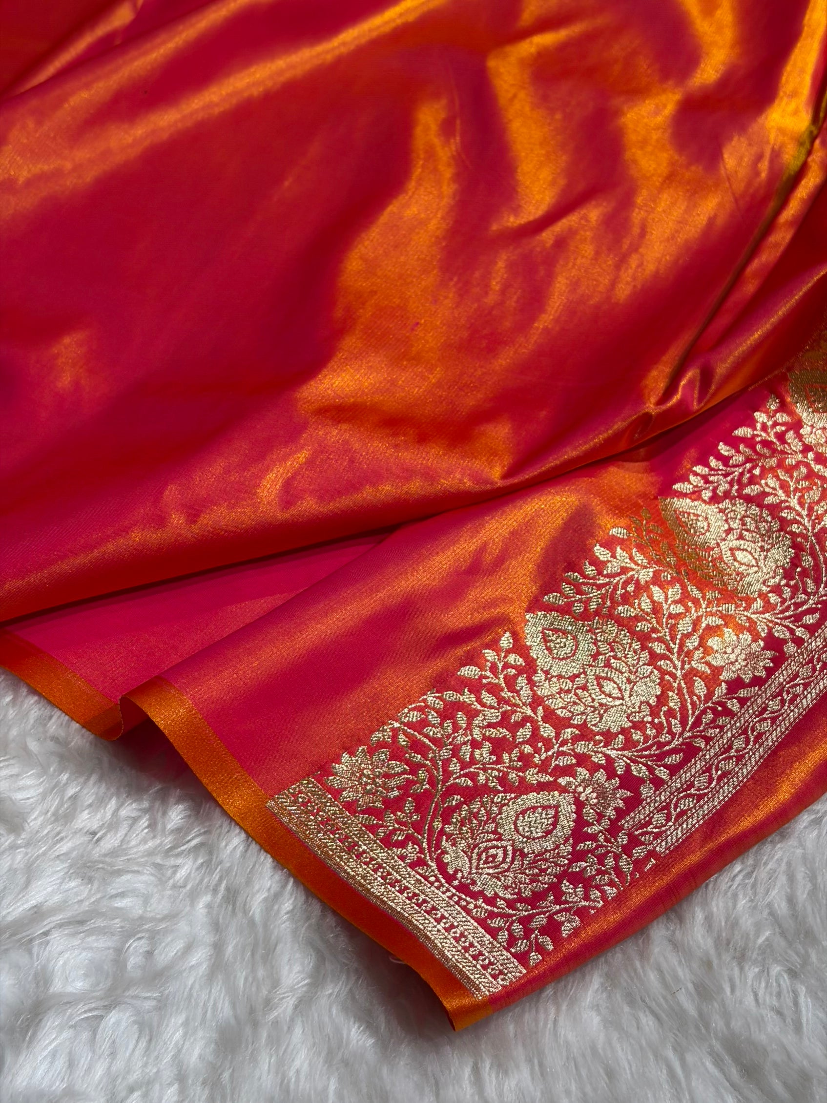 Satin Silk Saree Floral Boota in Pinkish Orange Shades SS28