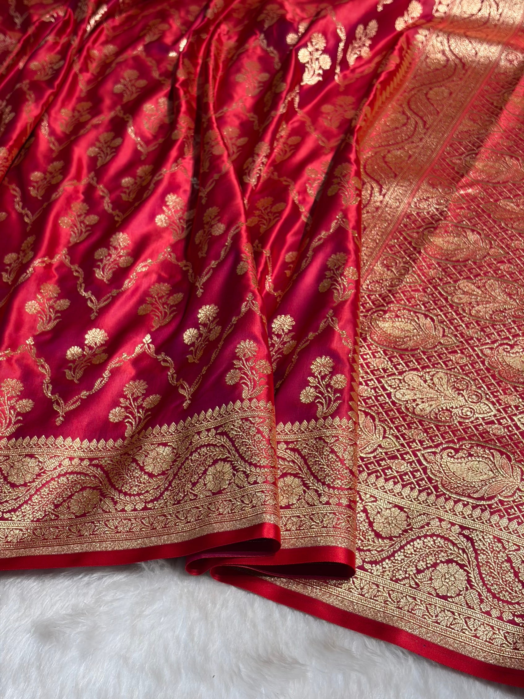 Megentic Red Cross with Boota Pattern Satin Katan Silk Saree SK67