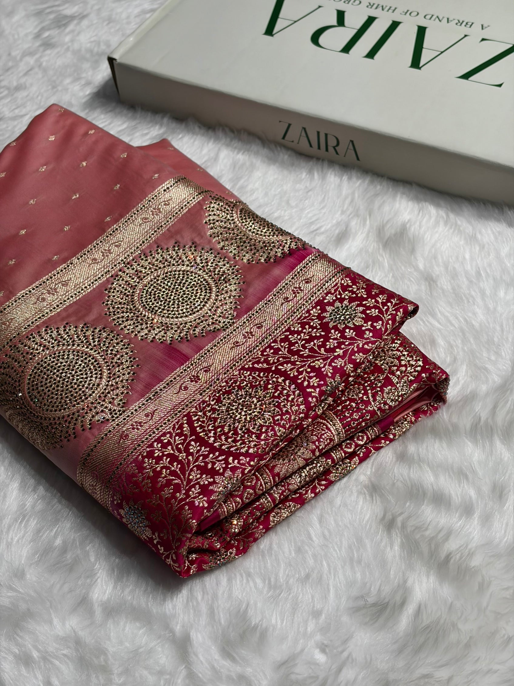 Baby Pink with Wine shades Swarovski Work Booti Satin Katan Silk saree BSK36