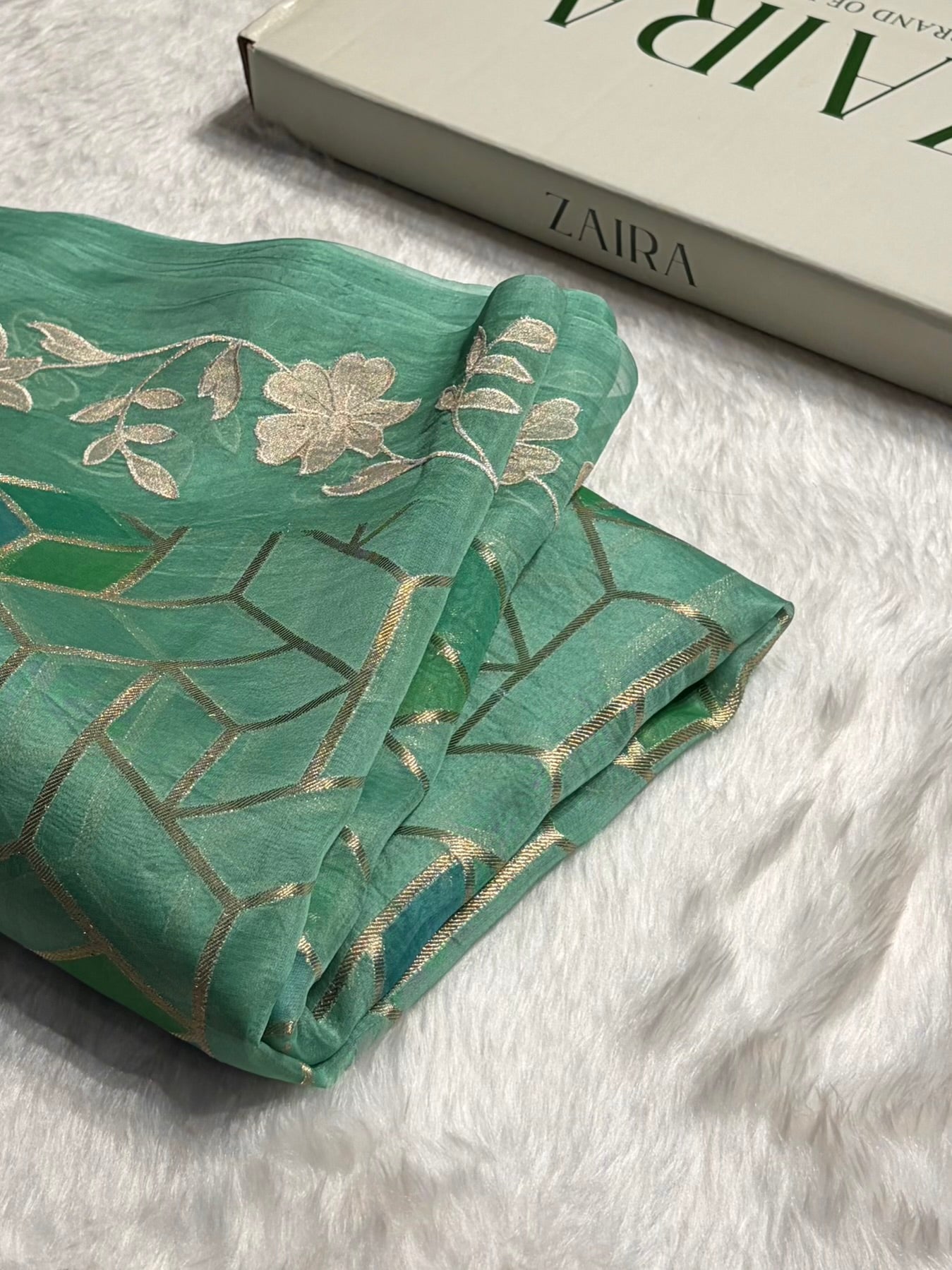 Pure Organza Rangkat Turquoise Floral Border Banarasi Silk Saree PO-07