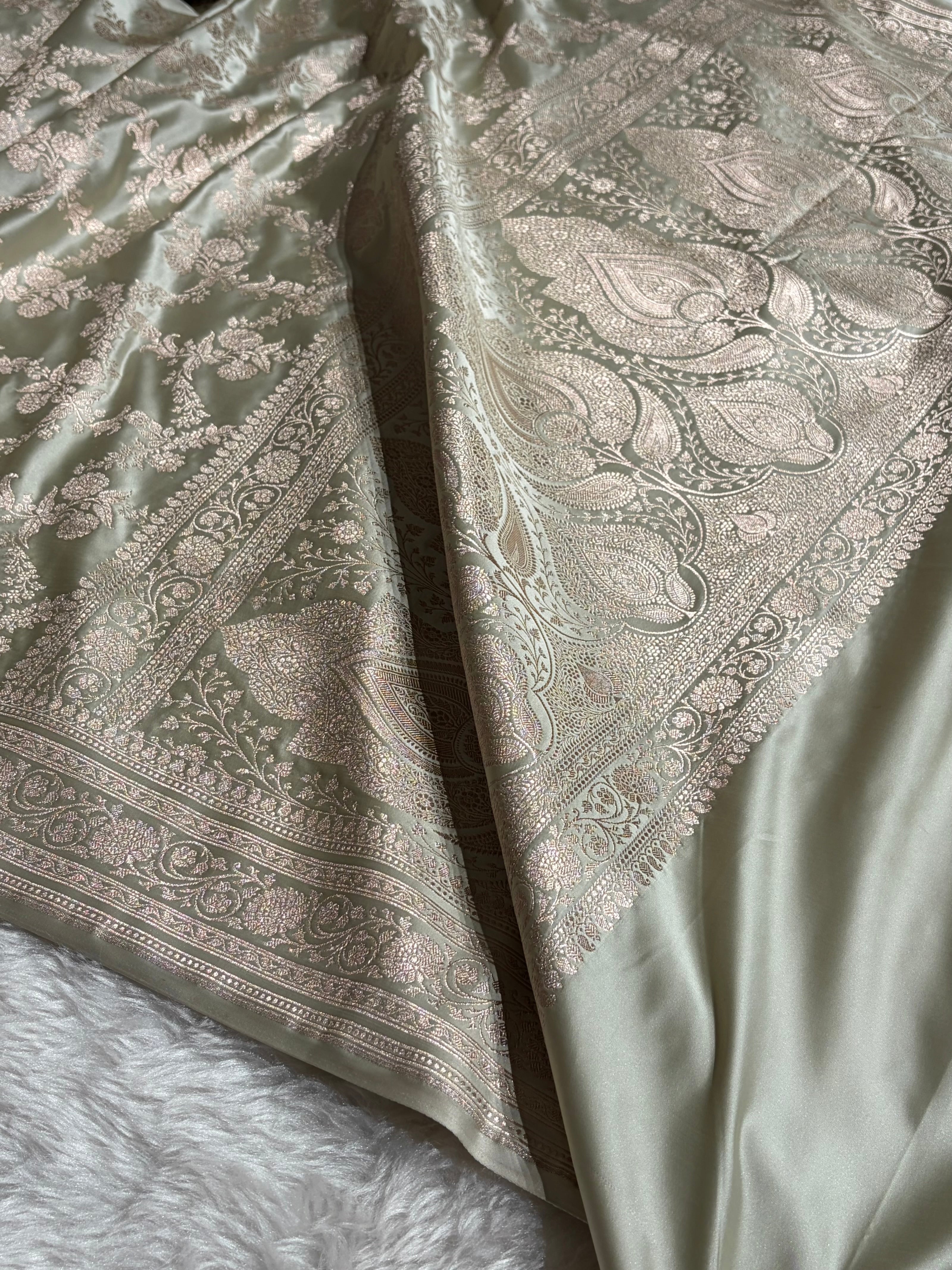 Pastel Pista Shades Banarasi With Floral Jaal Pattern Mashru Silk Saree MSM-130