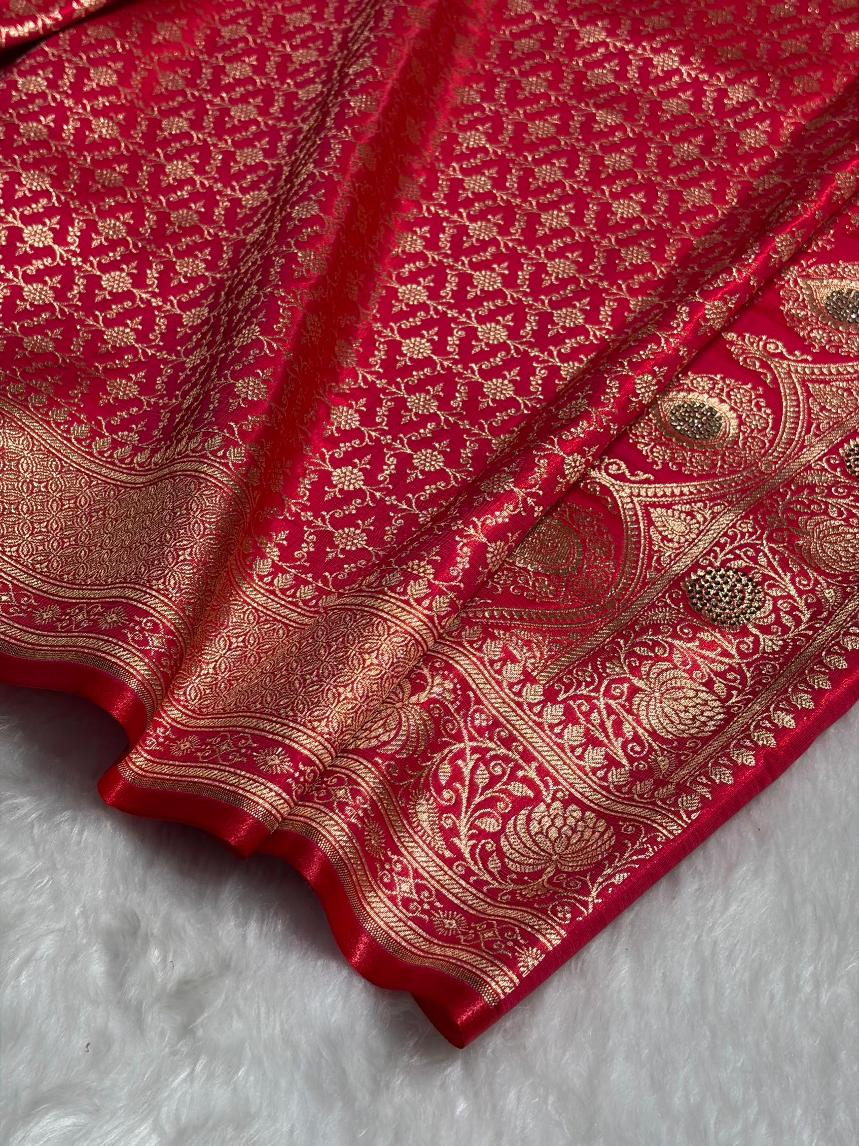 Satin Silk Saree Jaal in Pinkish Red Shades With Swarovski Work BSS23