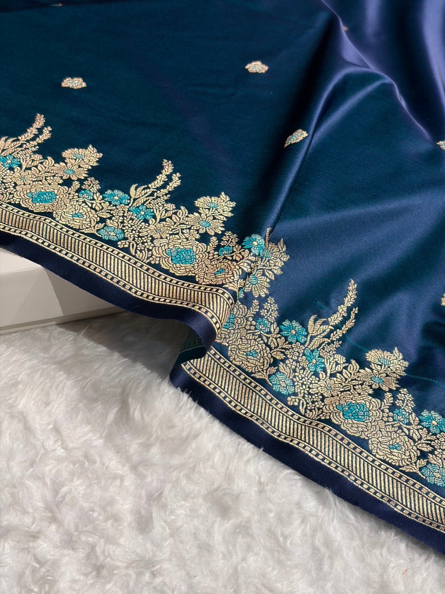 Banarasi Satin Katan Saree Booti Minakari Pattern in German Blue Shades SK136