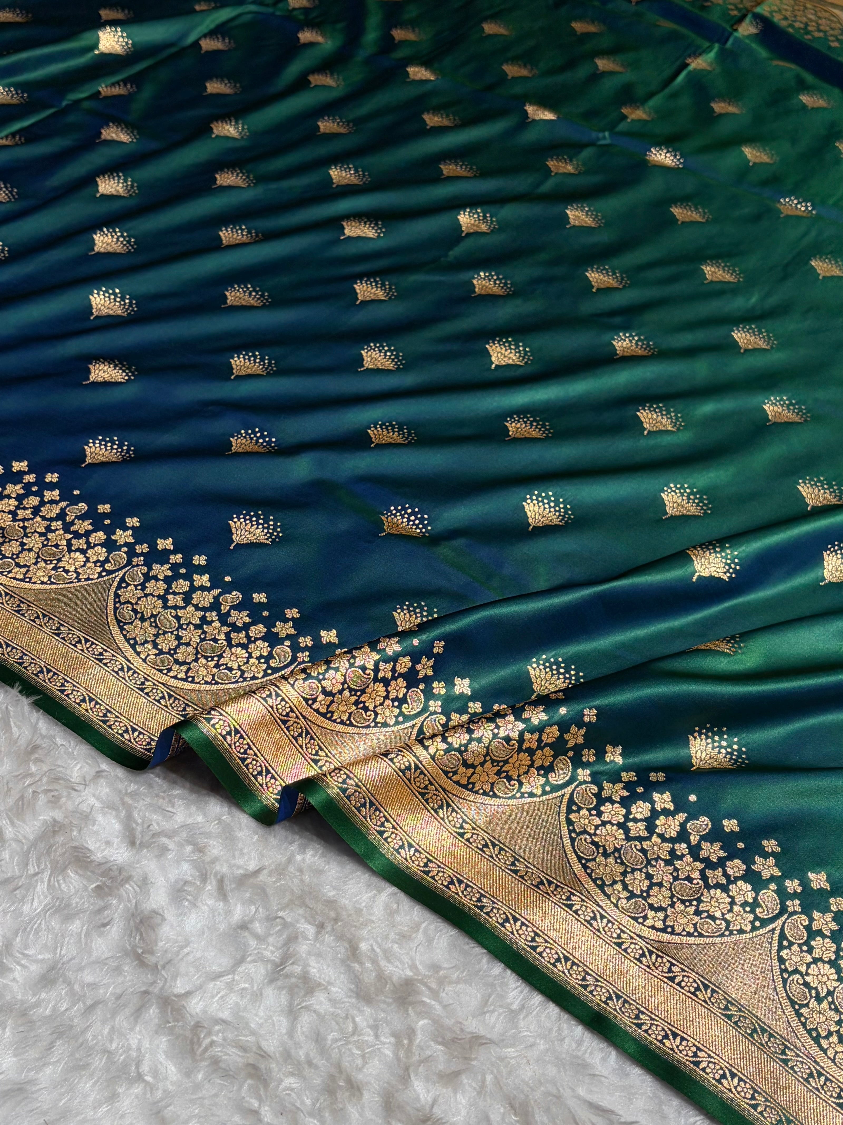 Cross Green Floral Banasari Pattern Satin Katan Silk Saree SK83