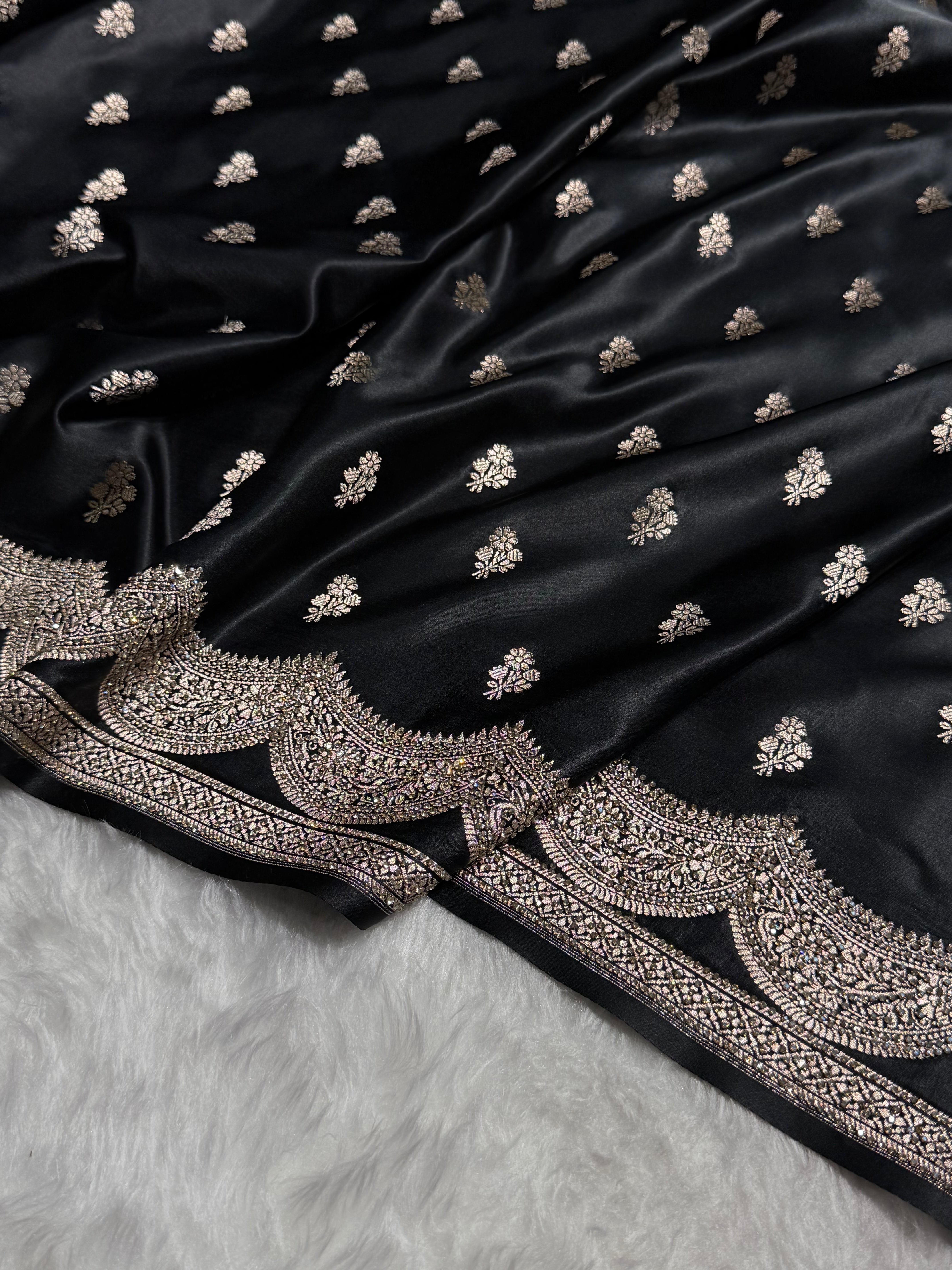 Banarasi Black Scallop Mashru Silk with White Stone Swarovski work BMS02
