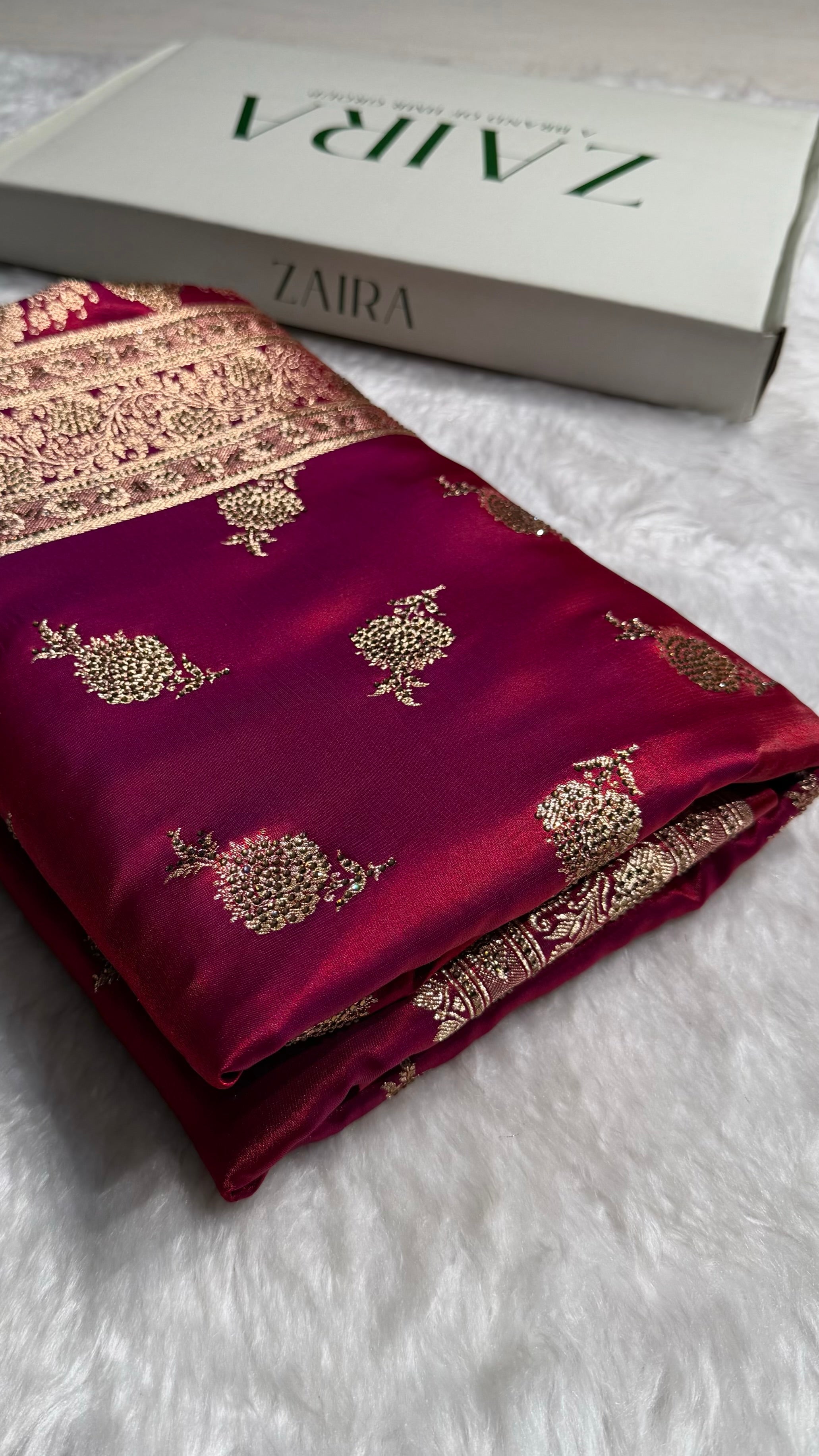Satin Silk Saree Swarovski Work Floral Boota in Reddish Magenta Shades BSS26