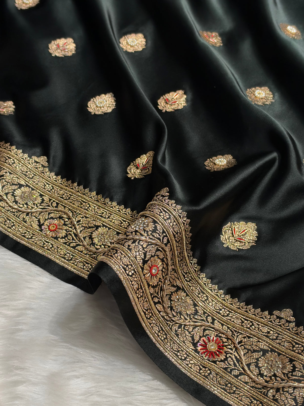 Bridal Black Banarasi Satin Katan Saree With Ari & Zardozi Work Boota BSK65