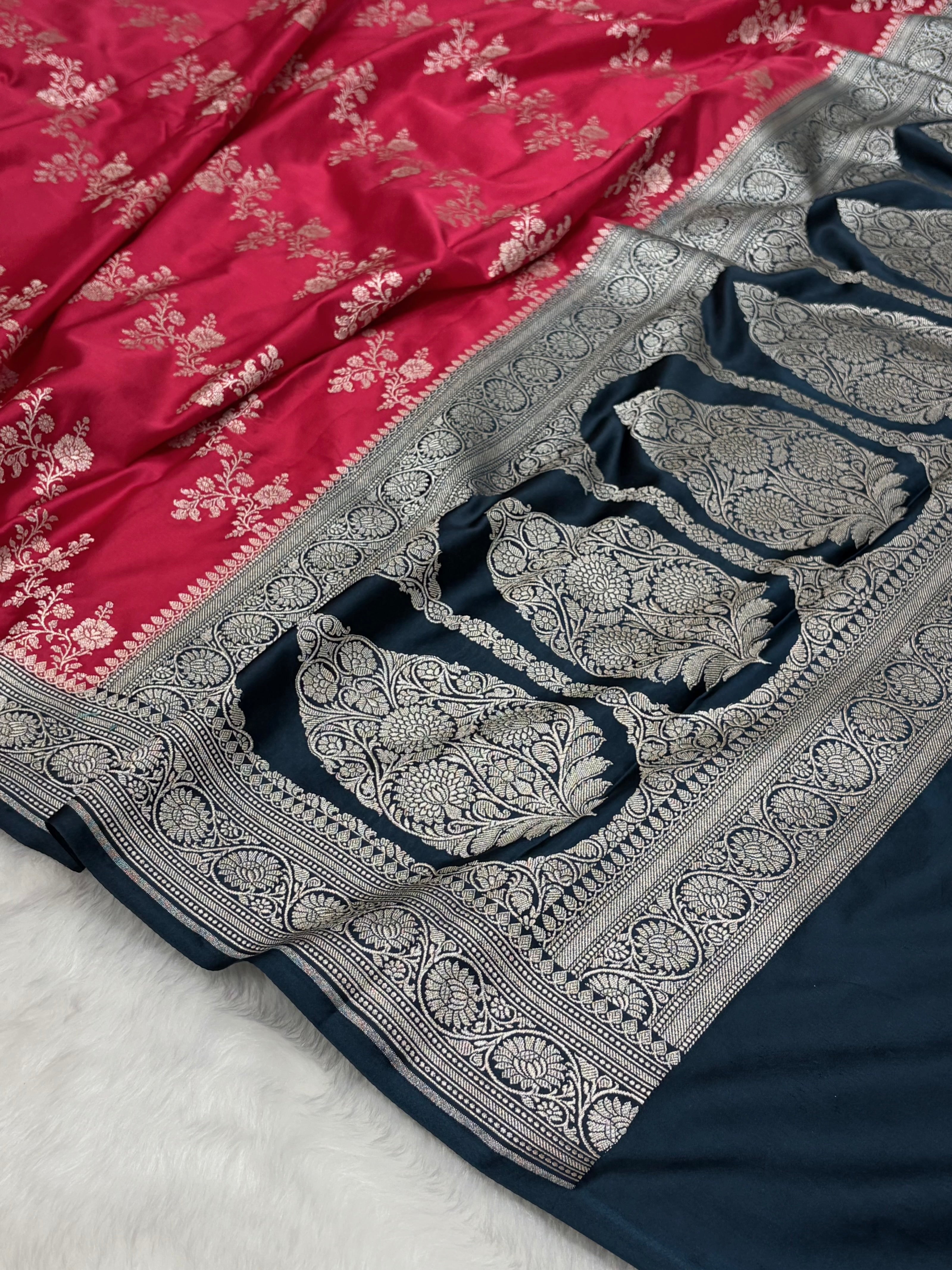 Contrast Ruby Pink Banarasi Cross Mashru Silk Saree MS01