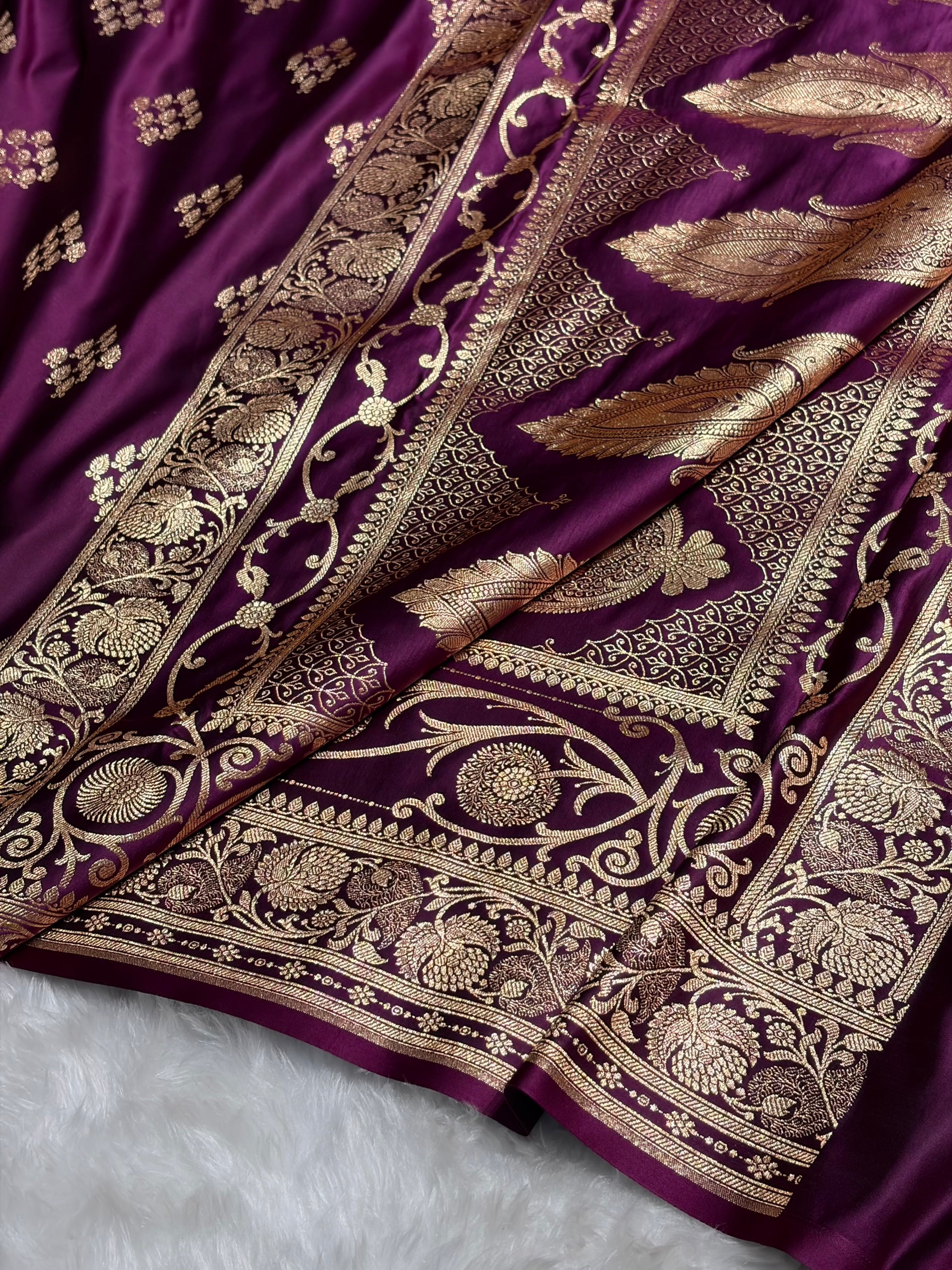 Wine Floral Boota Satin Katan Silk saree SK34