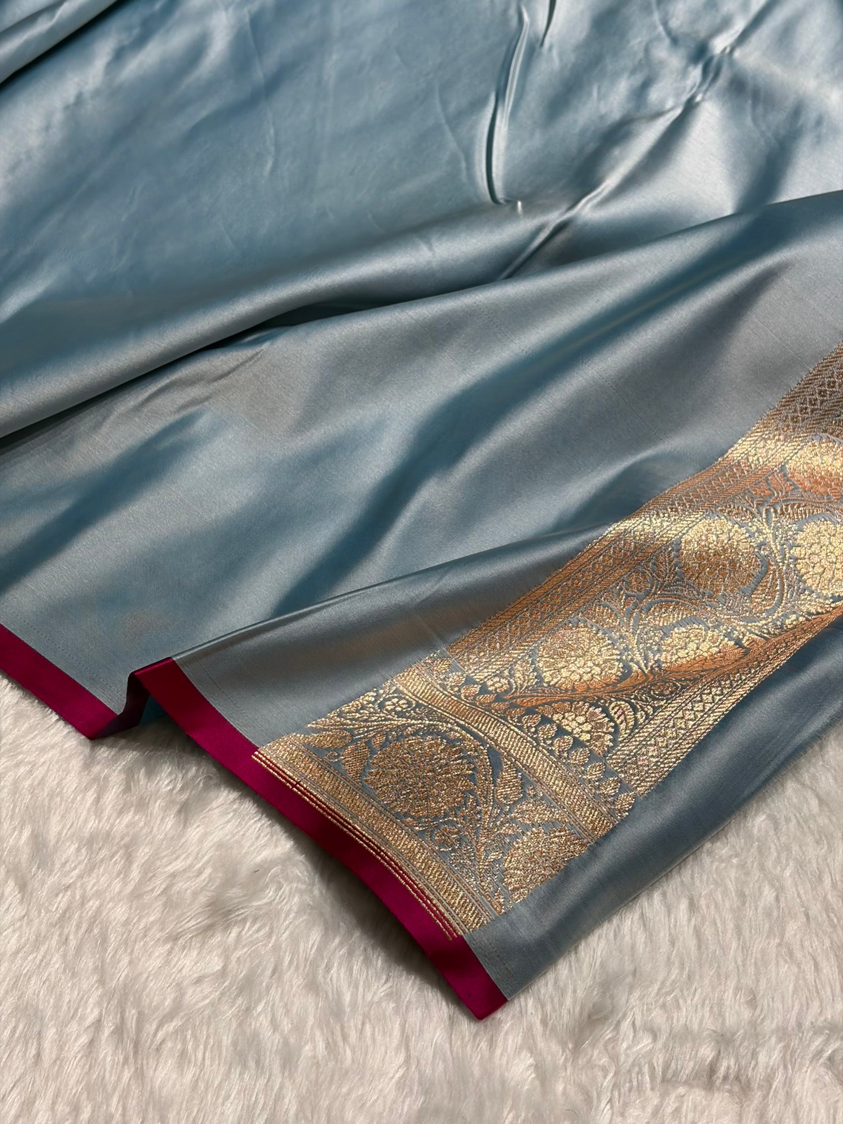 Banarasi Pastel German Blue Shades Cross Satin Katan Silk Saree SK17