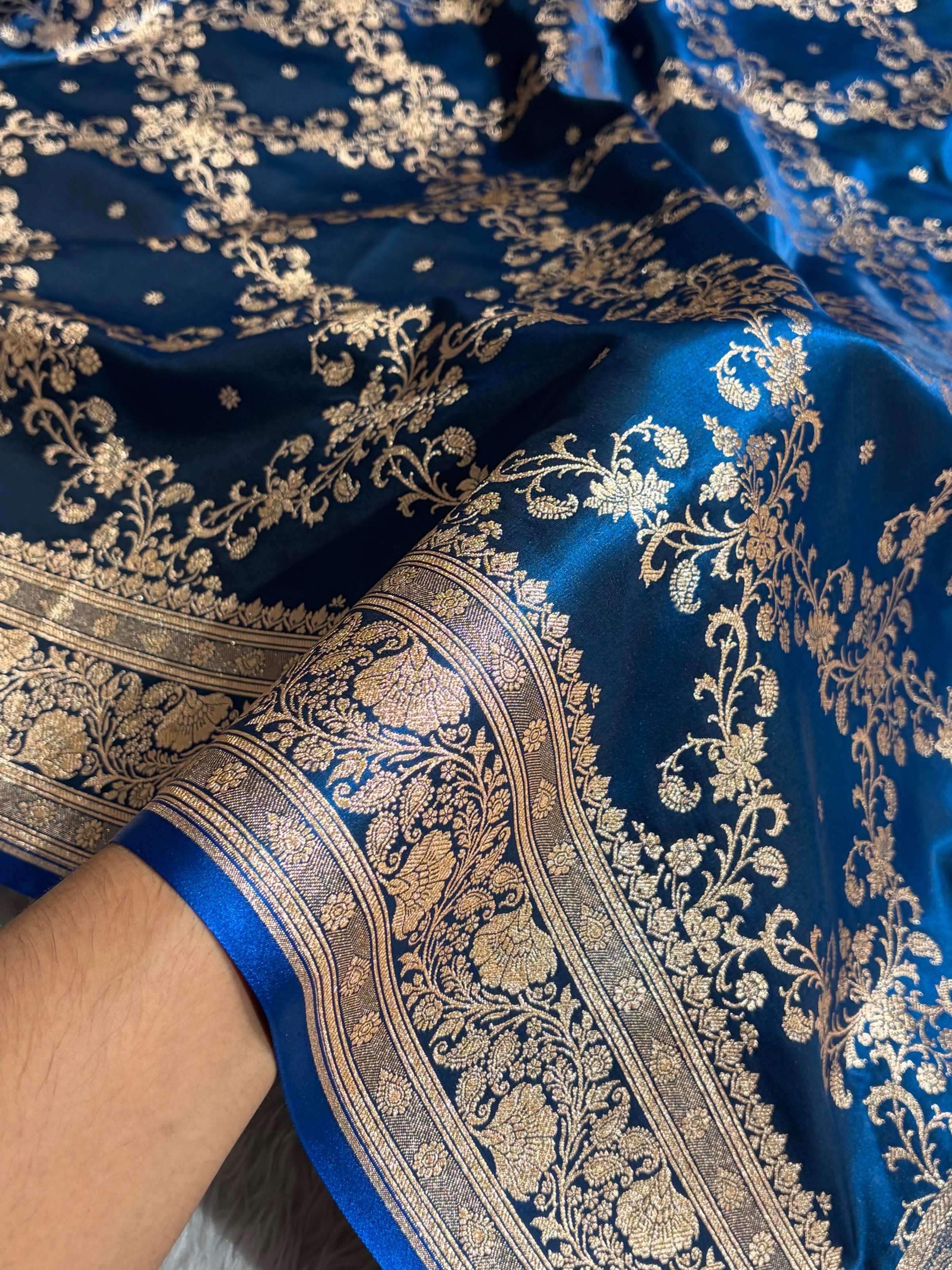 German Blue Shades Jaal Pattern Banarasi Satin Silk Saree SS48
