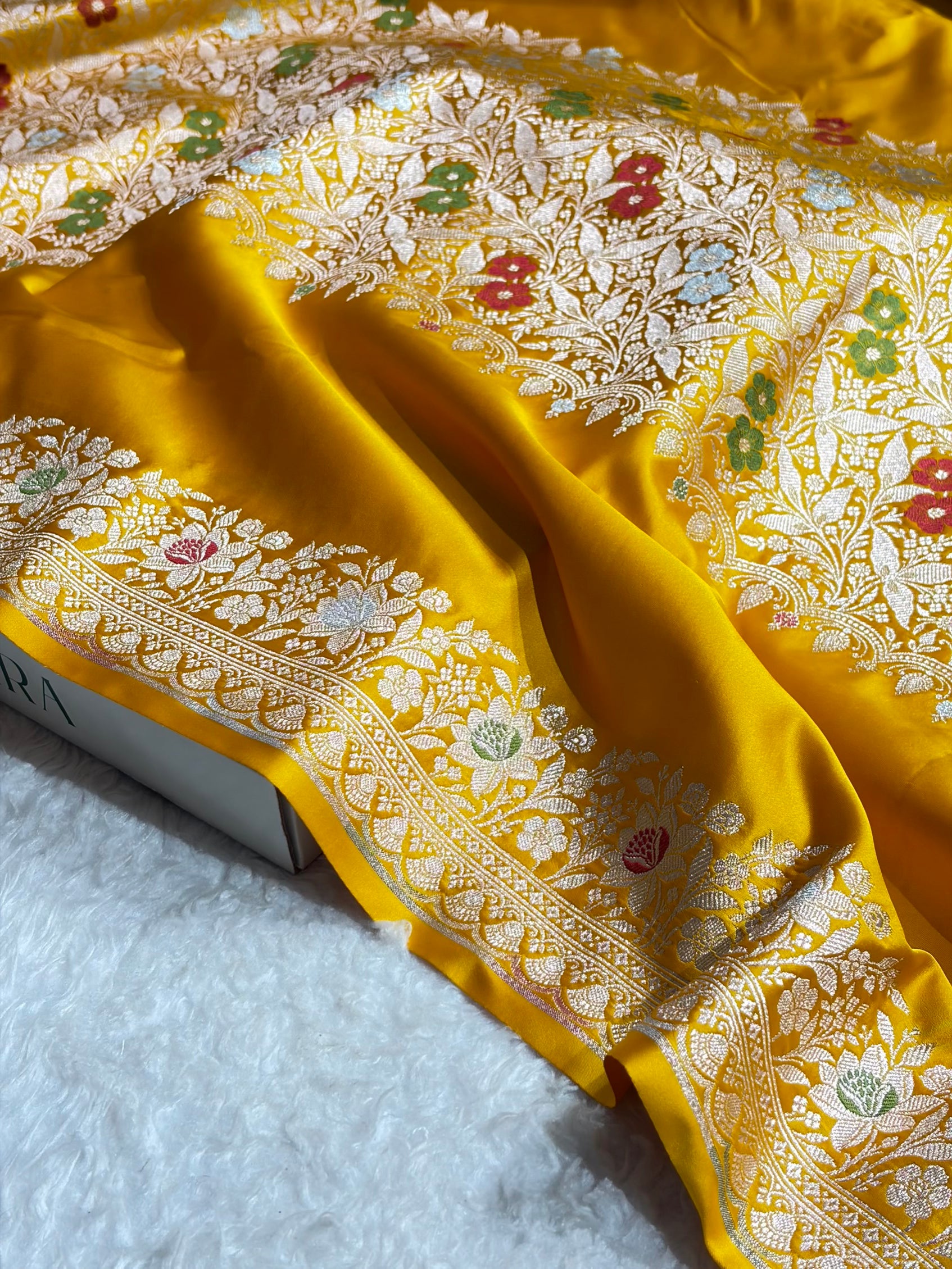 Mustard Shades Banarasi Minakari Boota Skirt Pattern Floral Mashru Silk Saree MSM-116