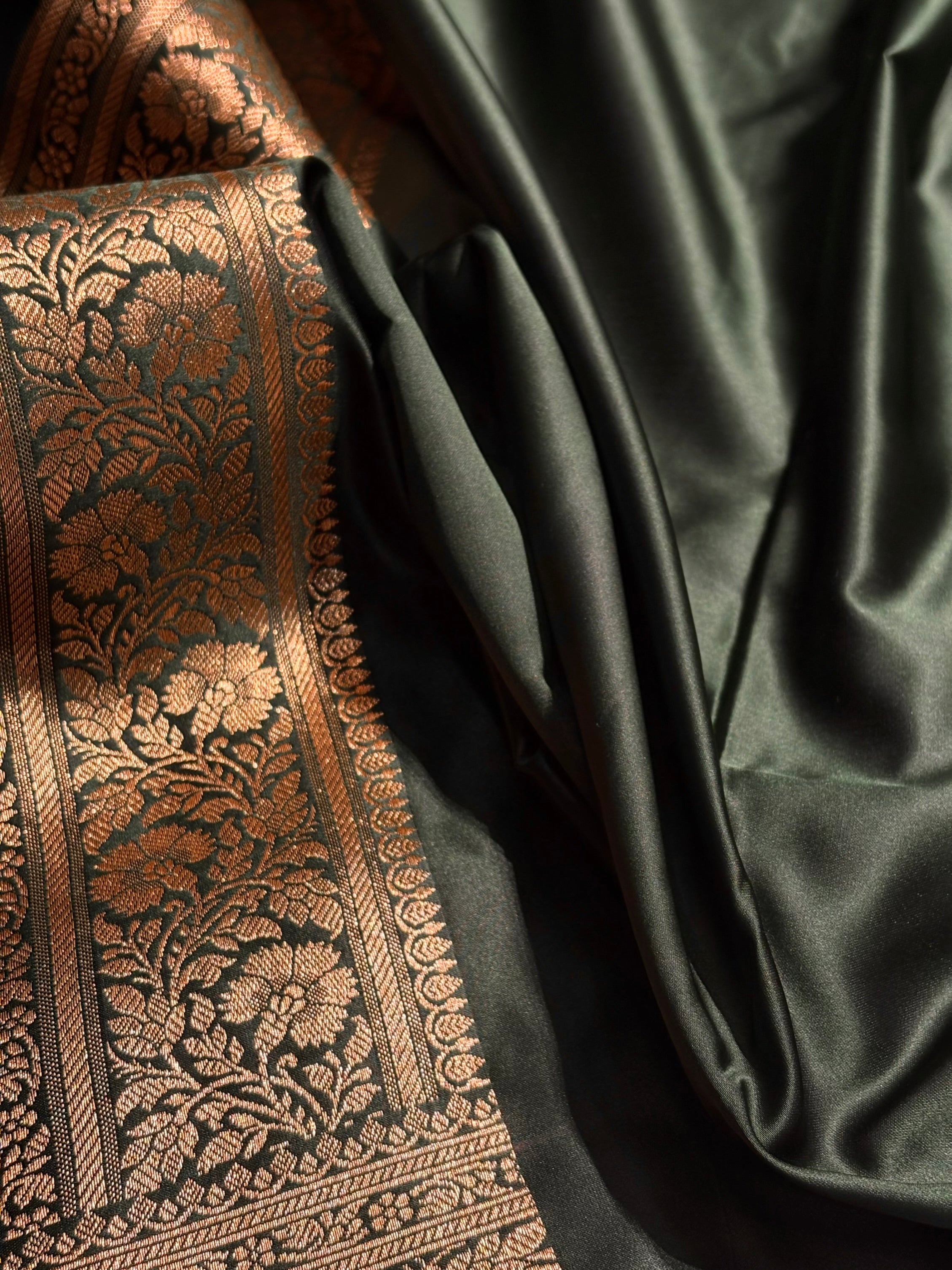 Dark Bottle Green Booti Pattern Satin Katan Silk Saree SK65