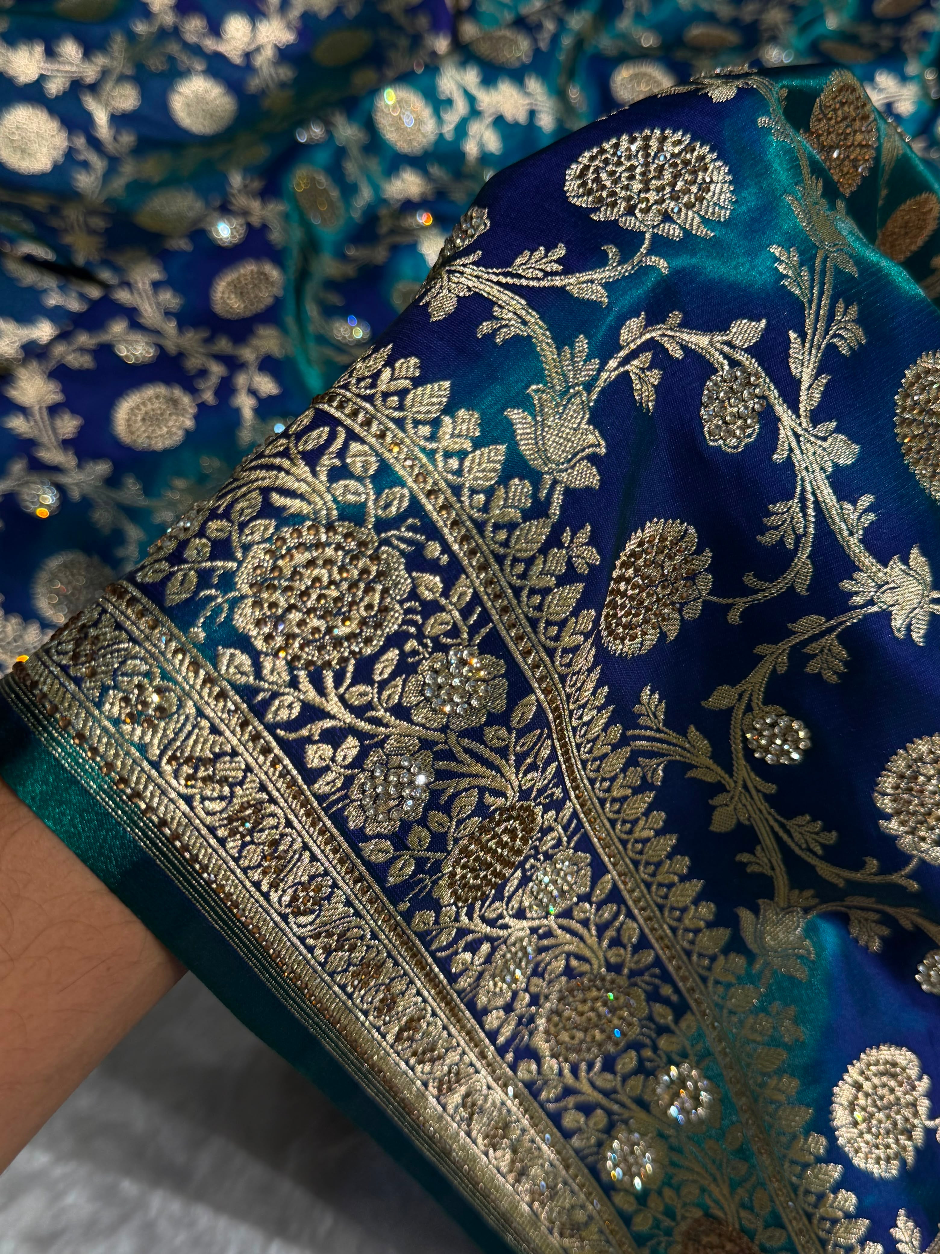 Peacock With Swarovski Stone Work Jaal Pattern Satin Silk Saree BSS15