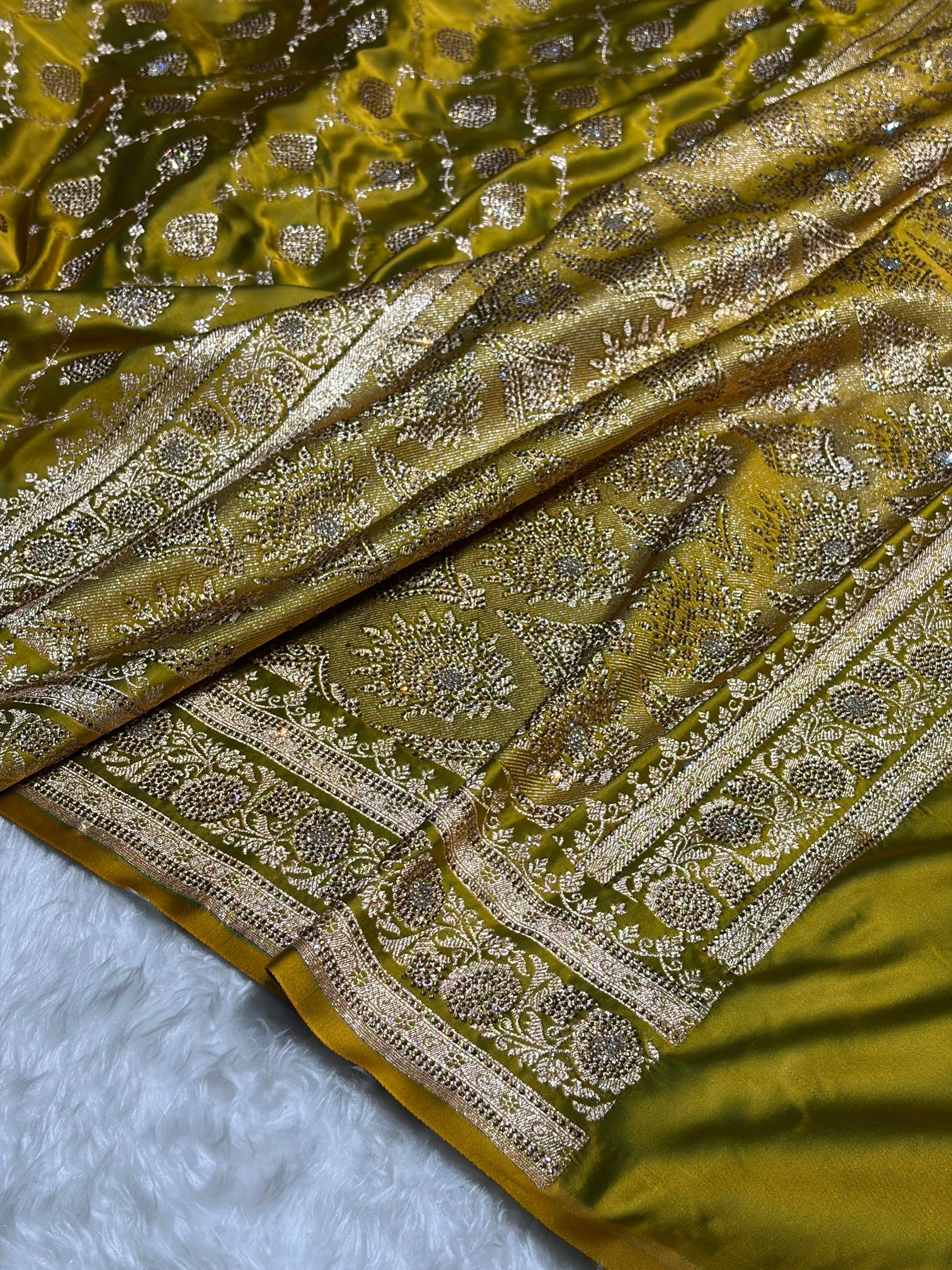 Mehandi Green Floral Jaal Pattern with Sewarovsi Work Satin Katan Silk saree BSK42