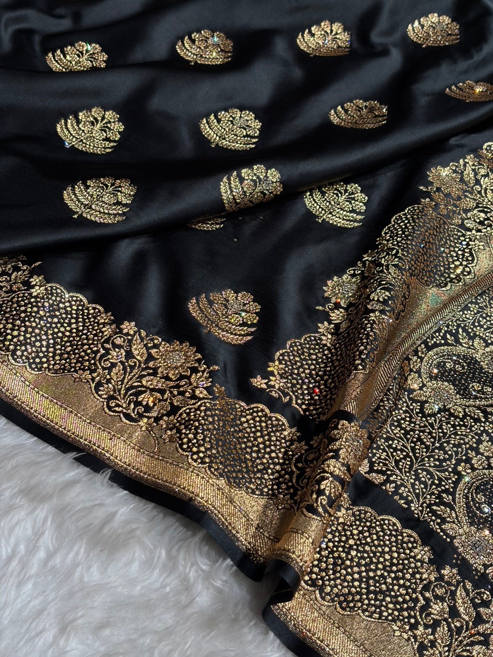 Black Unique Swarovski Stone Work Boota Pattern Satin Katan Silk Saree BSK70