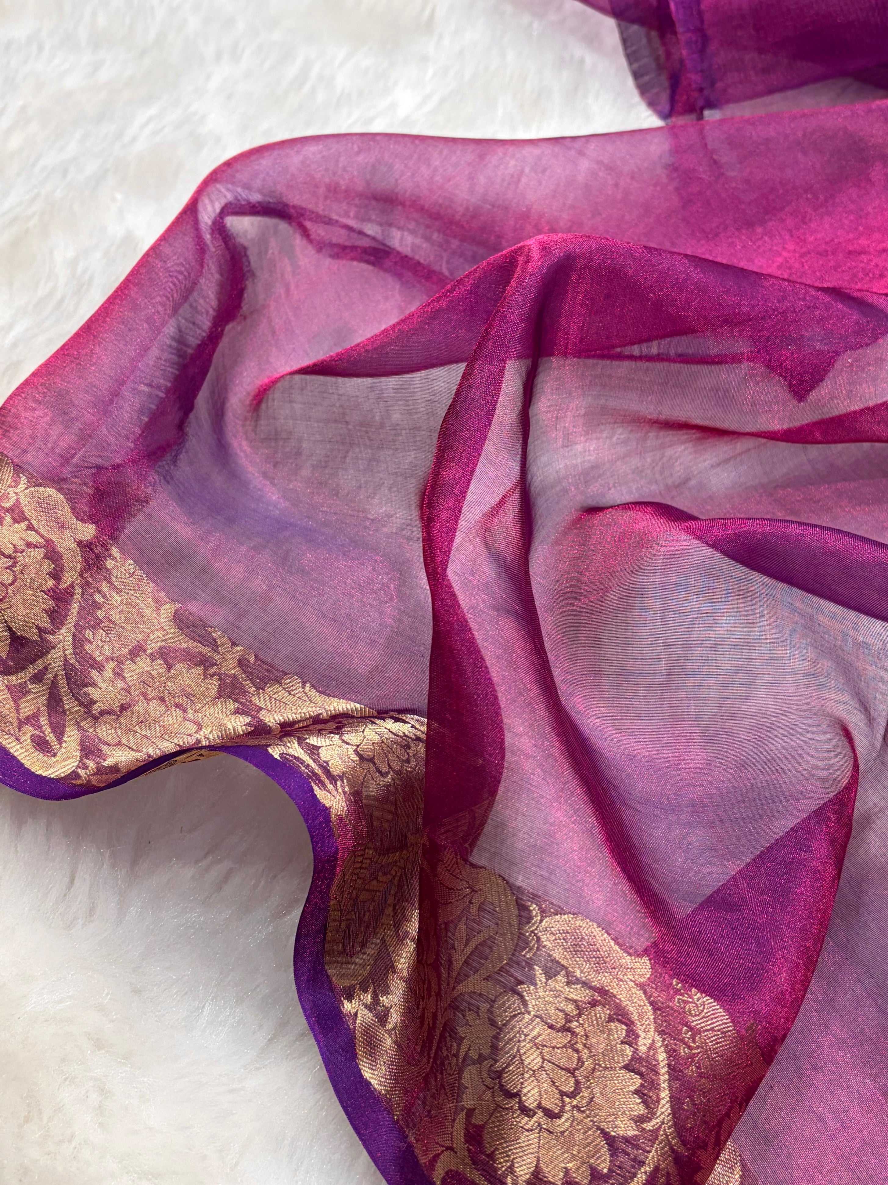 Cross Wine Bananasi Floral Shades Pure Tissue Silk Saree PT-42