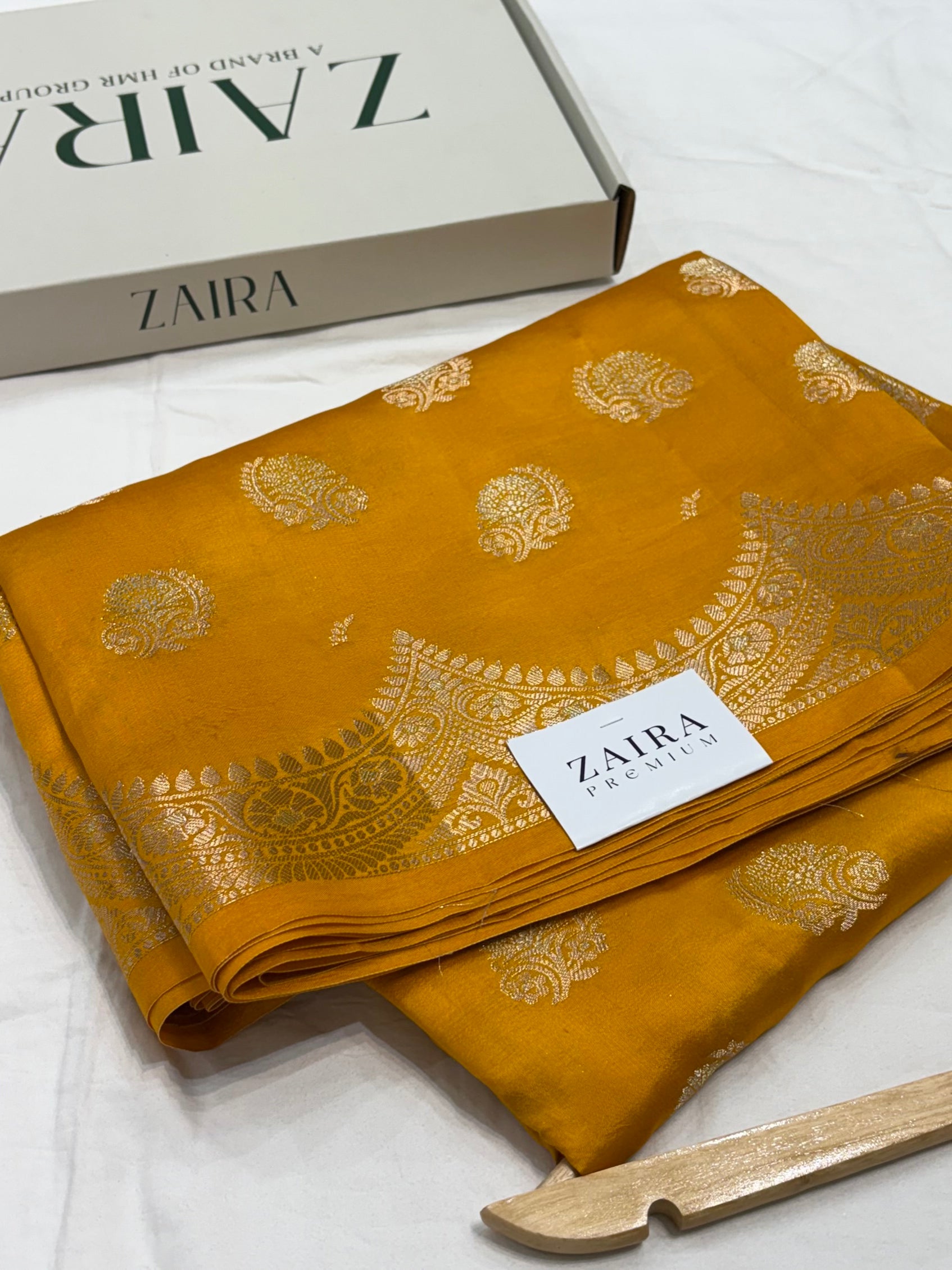 Mustard Flower Booti Pure Caramel Silk Saree