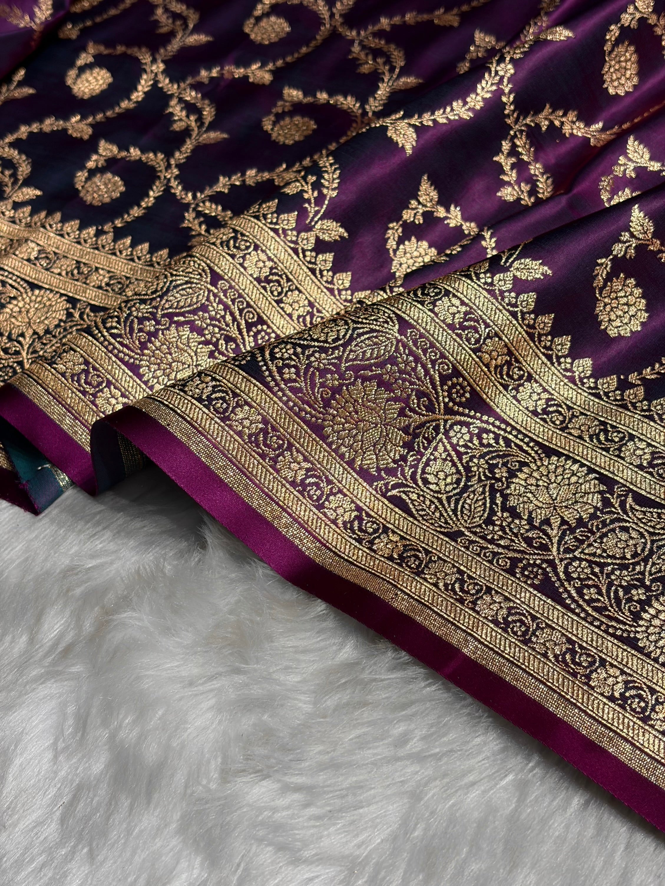 Wine Floral Jaal Pattern Satin Katan Silk saree SK55