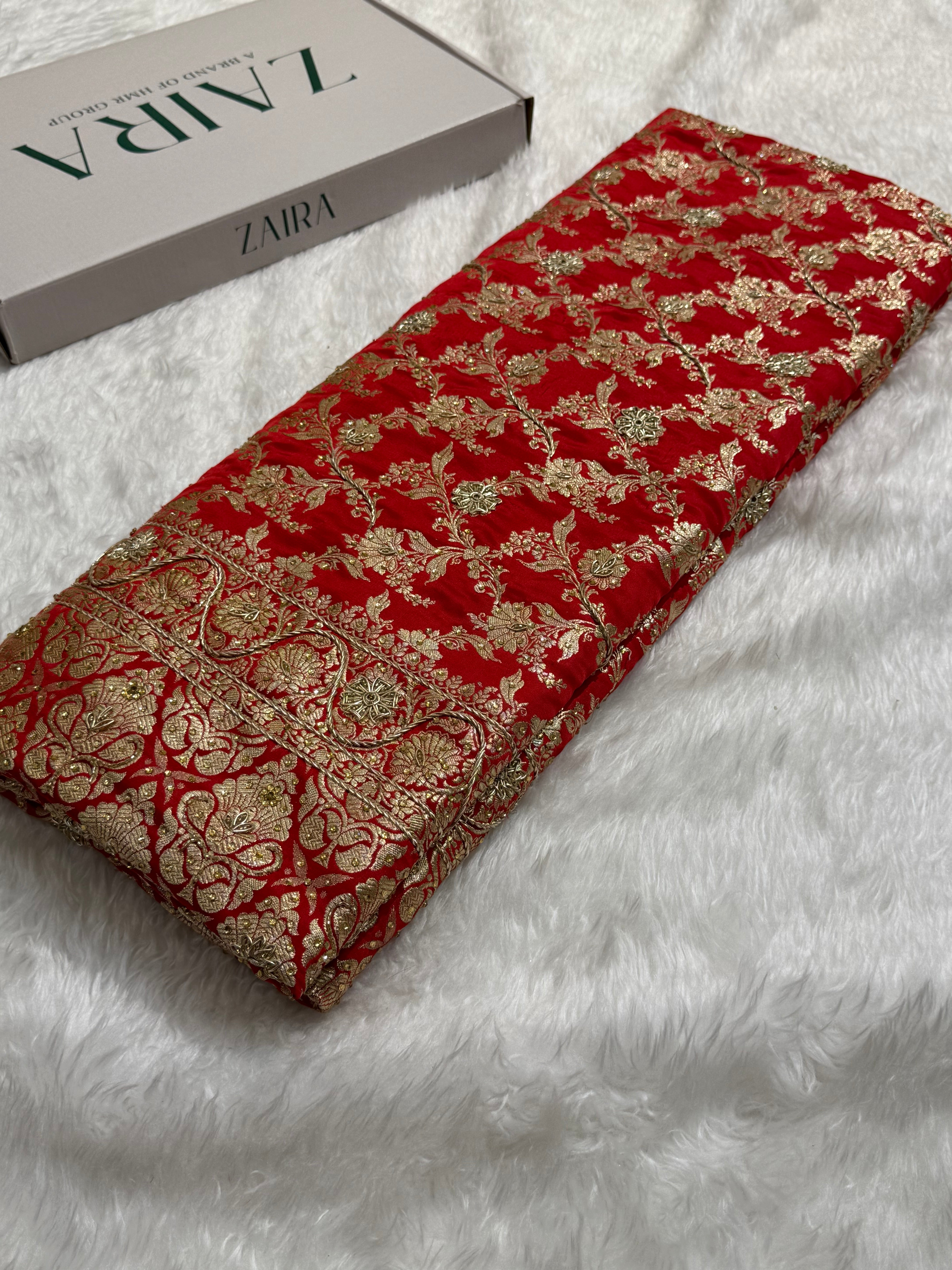 Bridal Red Pure Katan Silk Banarasi Saree with Zardozy, Ari and Stone work |SKU-PBSK01