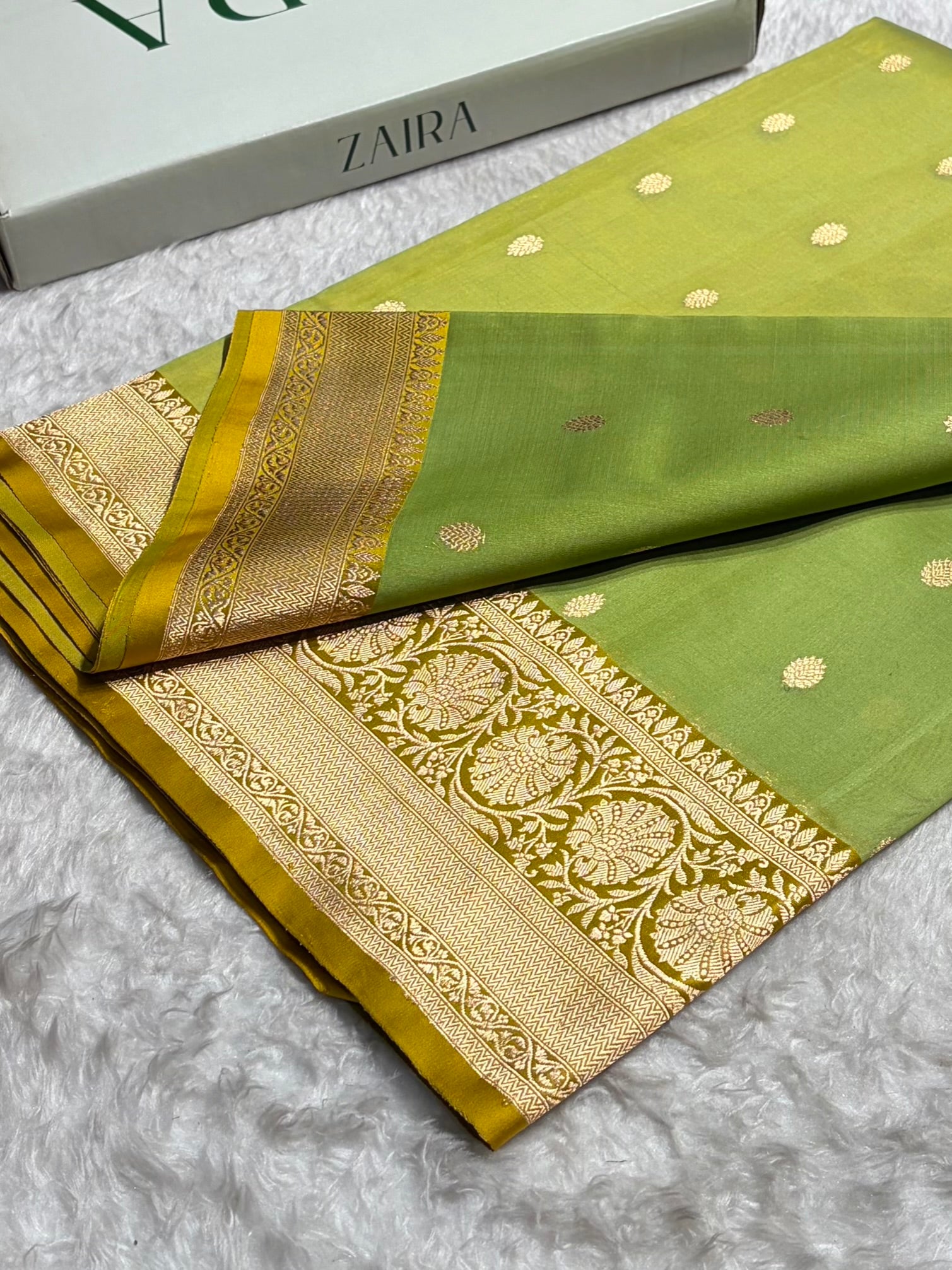 Contrast Pure Banarasi Organza Pista With Mustard Blue Floral Banarasi Silk Saree PO-19