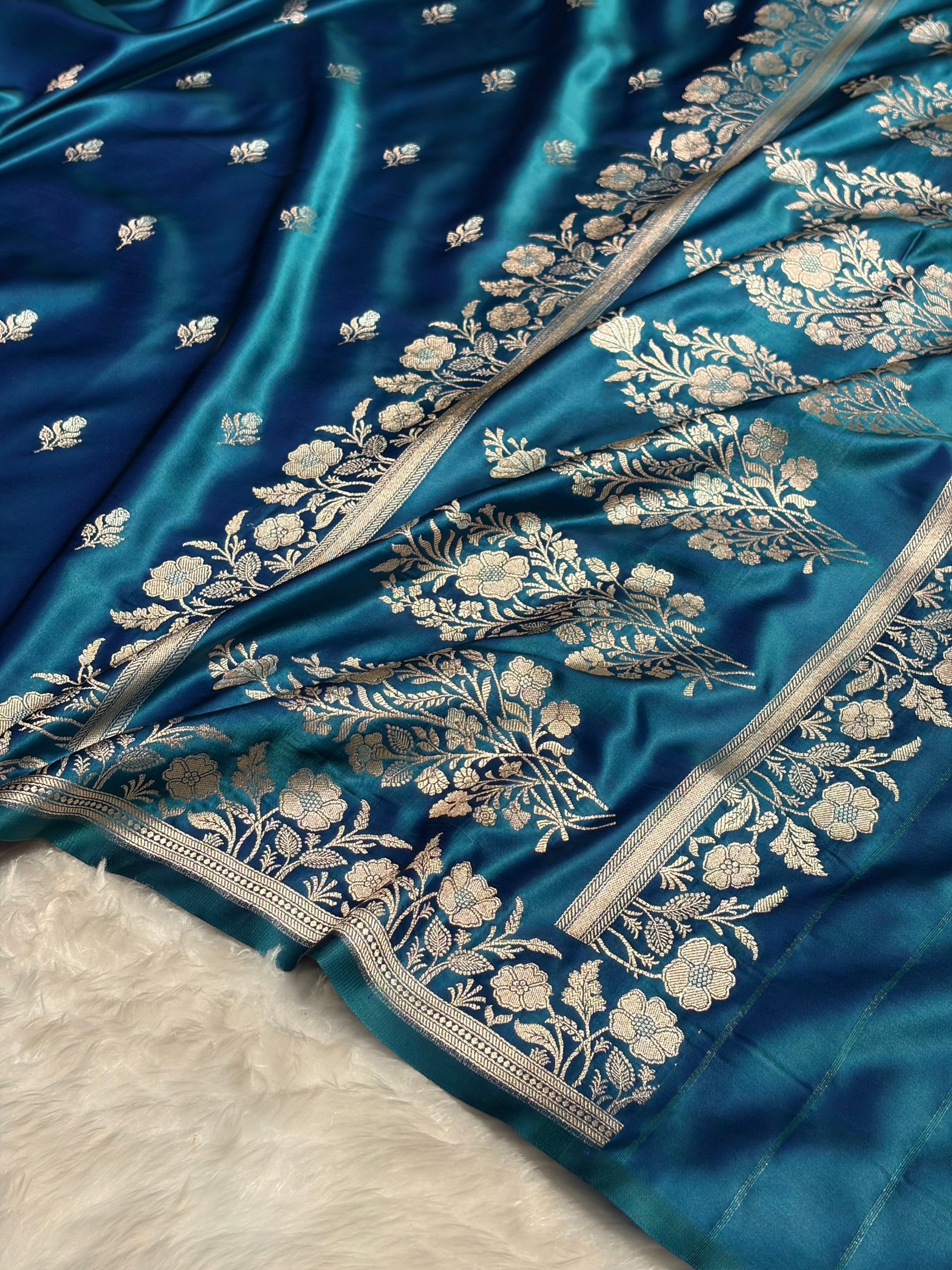 Peacock Blue Boota With Floral Border Mashru Silk Saree MSM-85