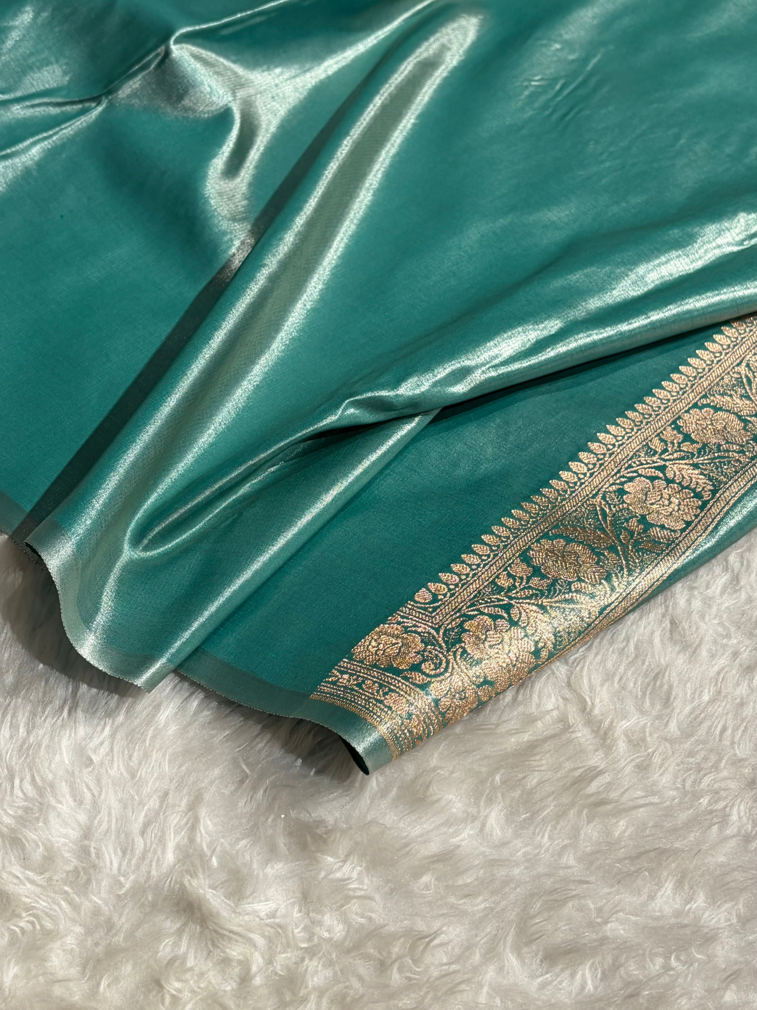 Satin Silk Saree Banarasi Cross with booti In Turquoise Shades SS22