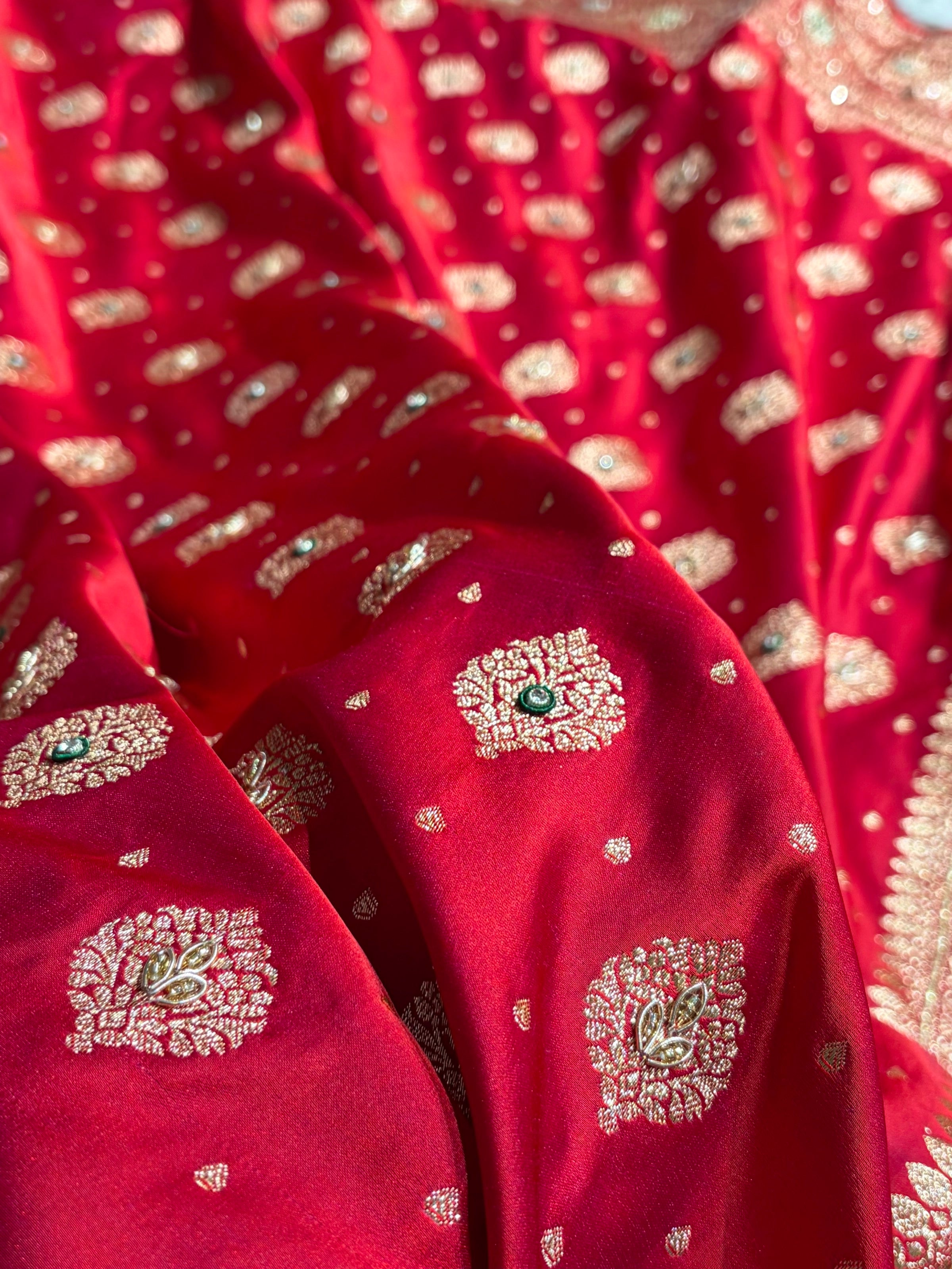 Bridal Red Unique Boota Pattern With Stone & Ari Work Satin Katan Silk Saree BSK69