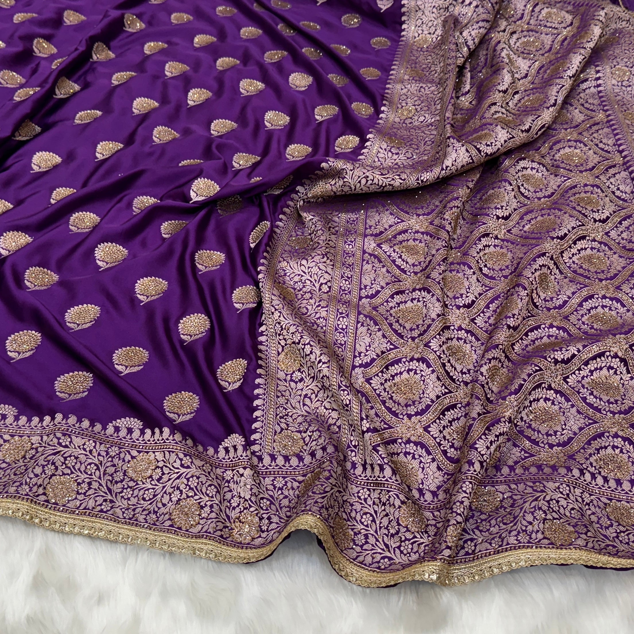 Purple Tree Boota Mashru Satin Silk with Swarovski Work Banarasi Saree