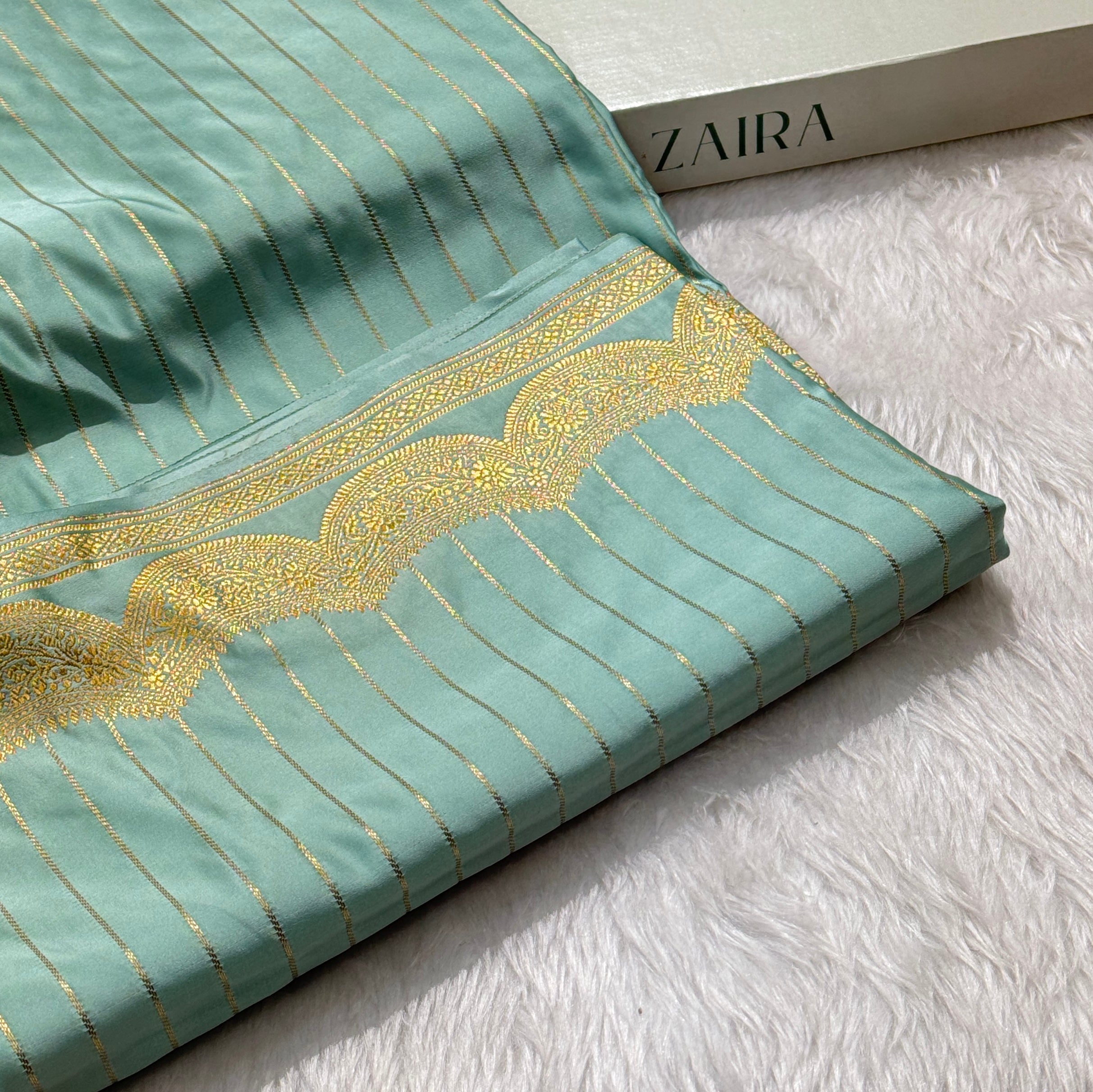 SeaGreen Scallop Strip Mashru Silk Banarasi Saree MSS