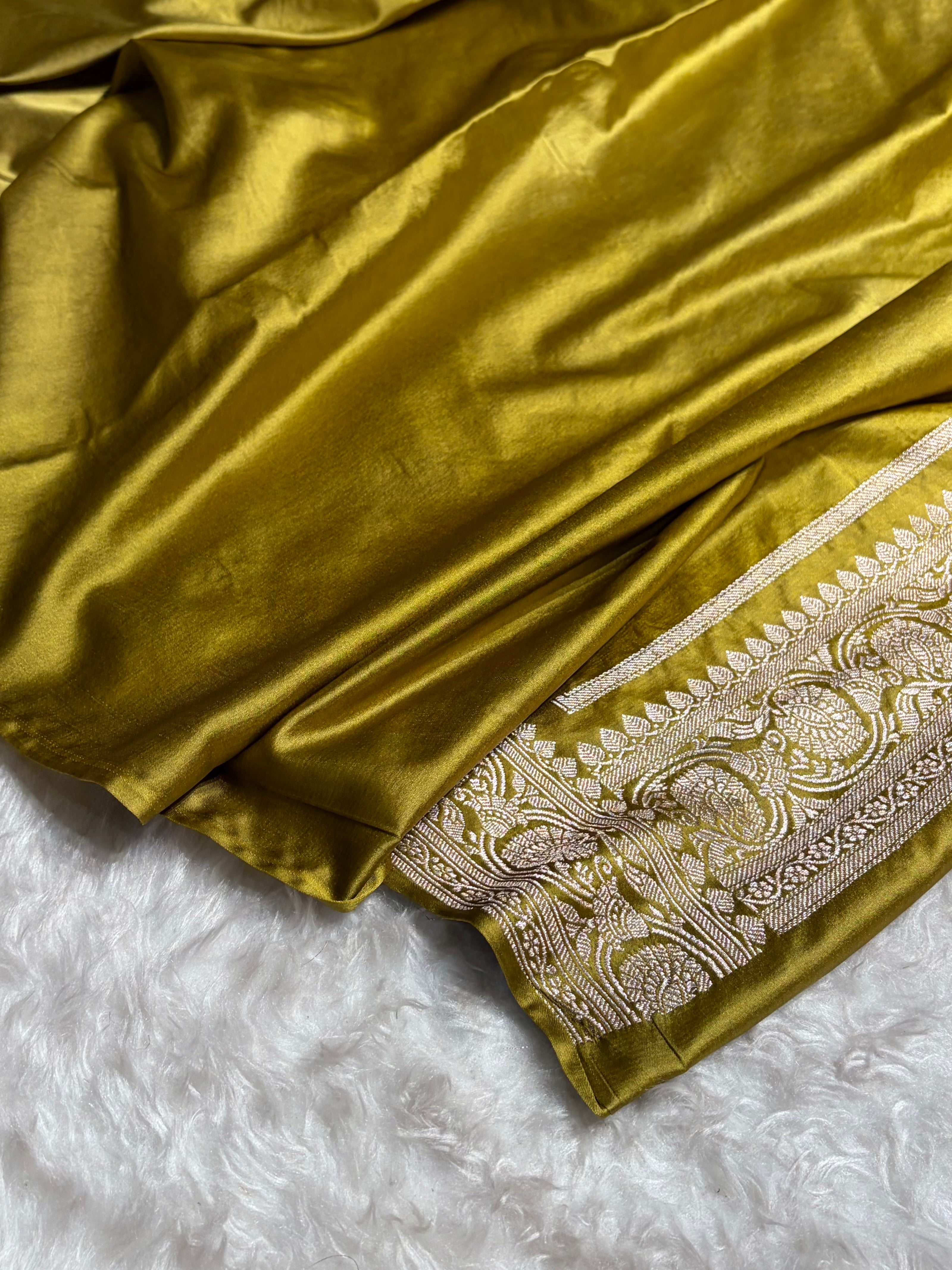 Olive Green Shades In Banarasi Minakari Jaal Mashru Silk Saree MS42