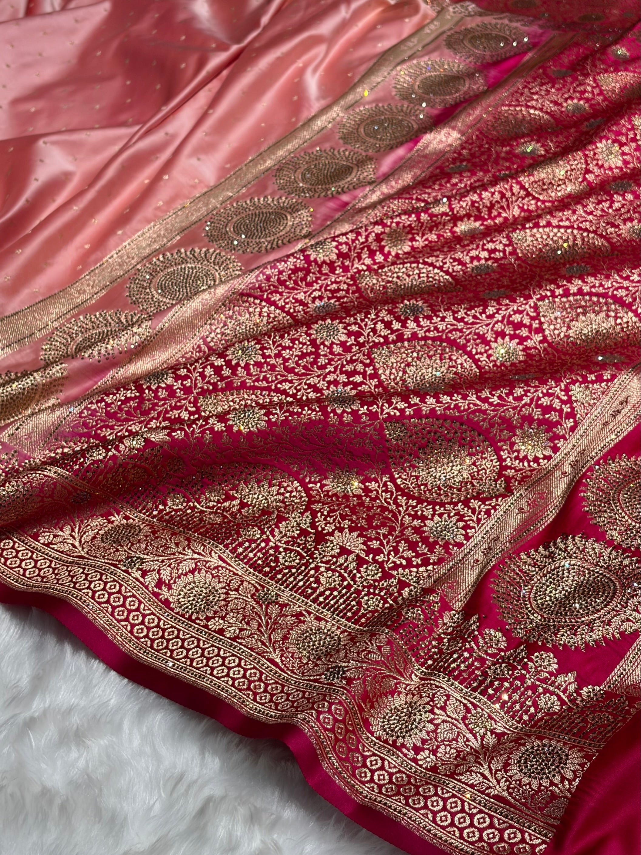 Baby Pink with Wine shades Swarovski Work Booti Satin Katan Silk saree BSK36