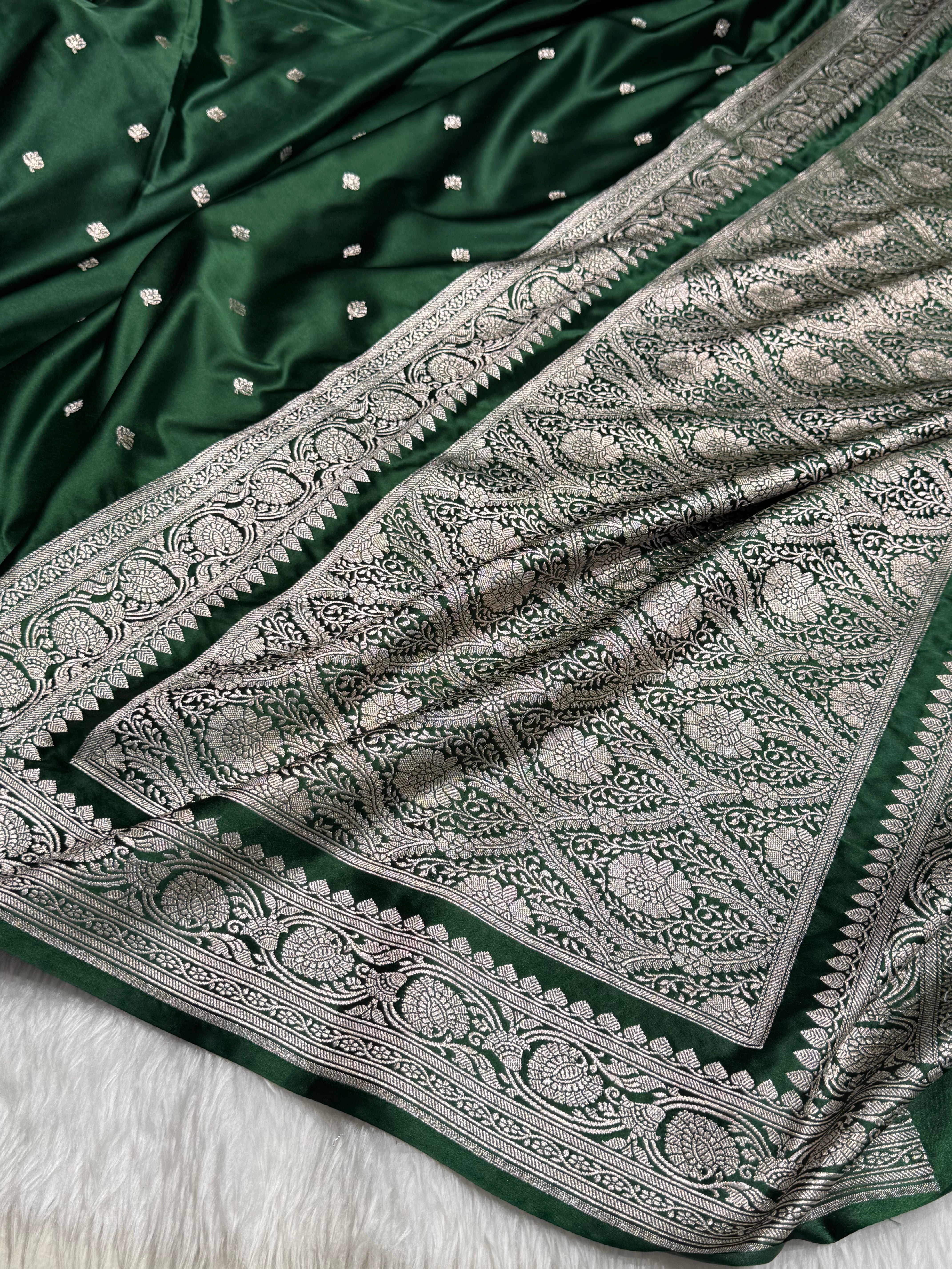 Booti Motif In Dark Mehandi Mashru Silk Saree