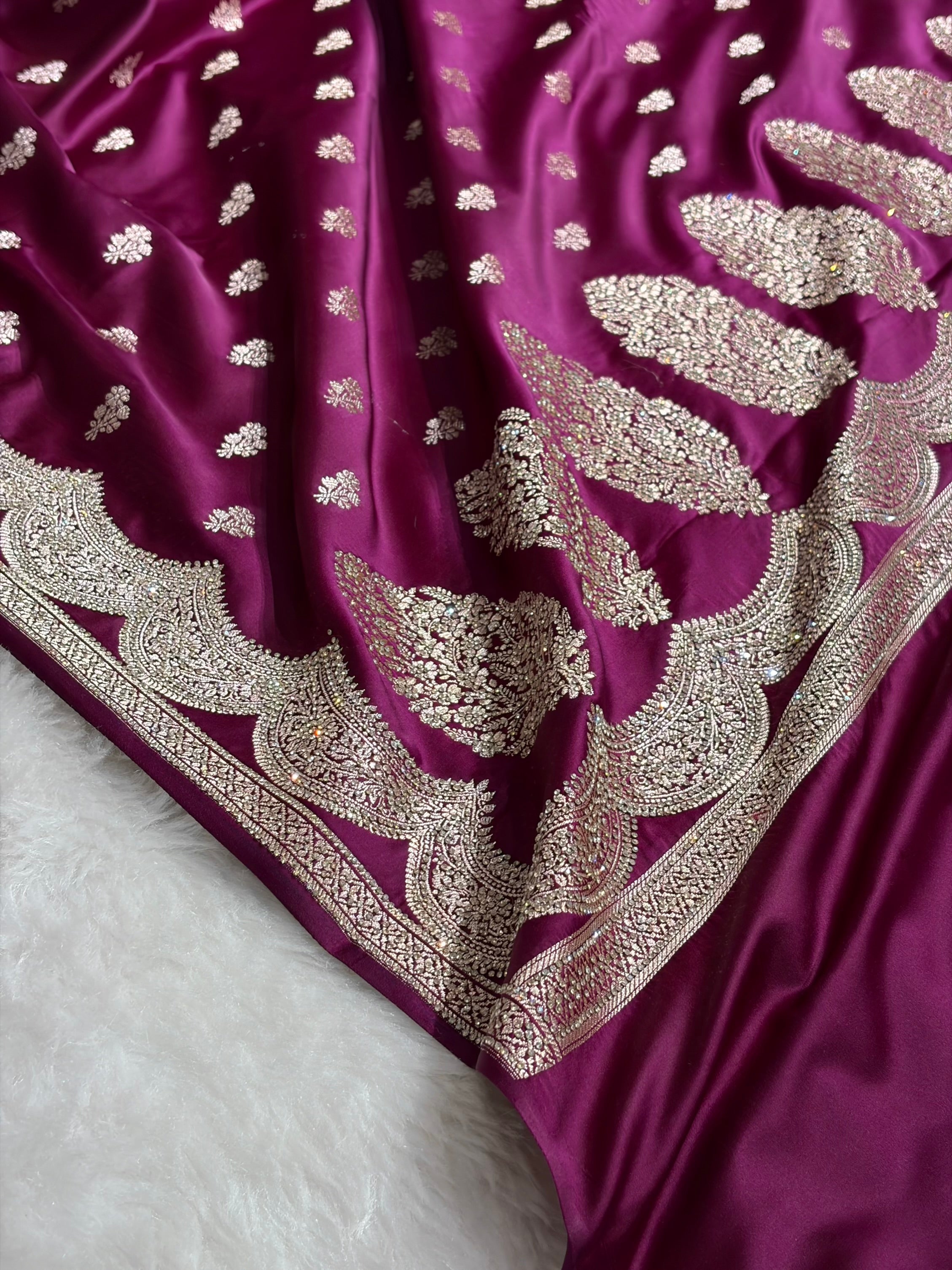 Banarasi Wine Scallop Mashru Silk with White Stone Swarovski work BMS02