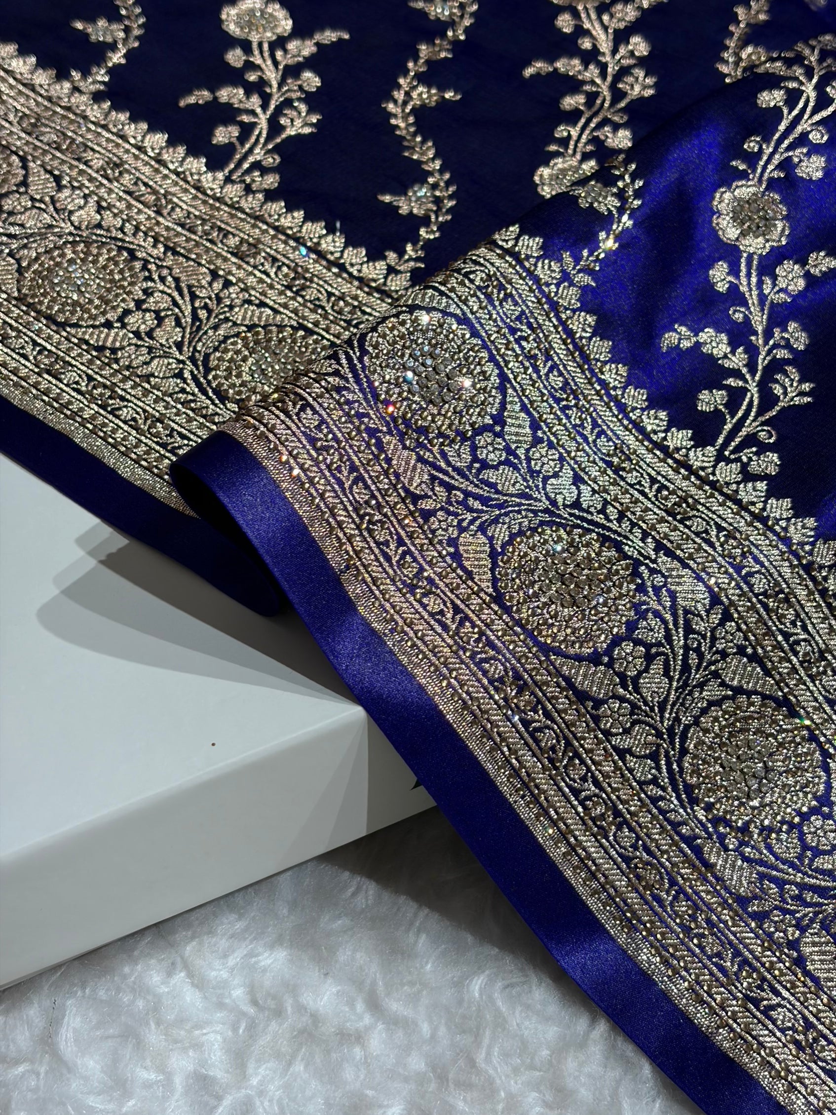 Satin Silk Cross Pattern With Swarovski Work in Royal Blue Shades BSS37