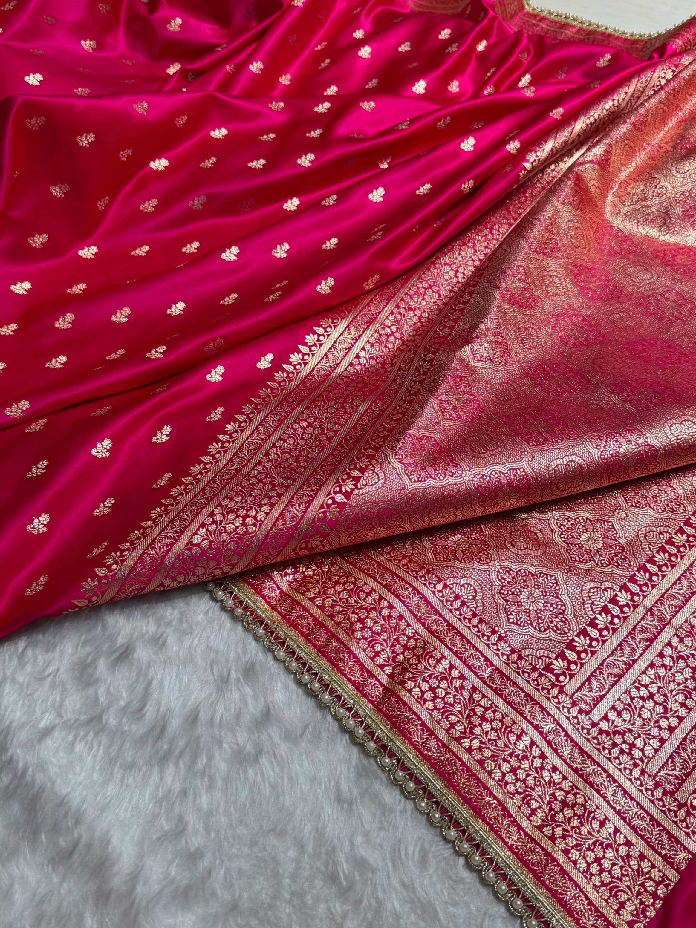Banarasi Satin Katan Saree With Gotta Patti Boota in Rani Shades SKGP89