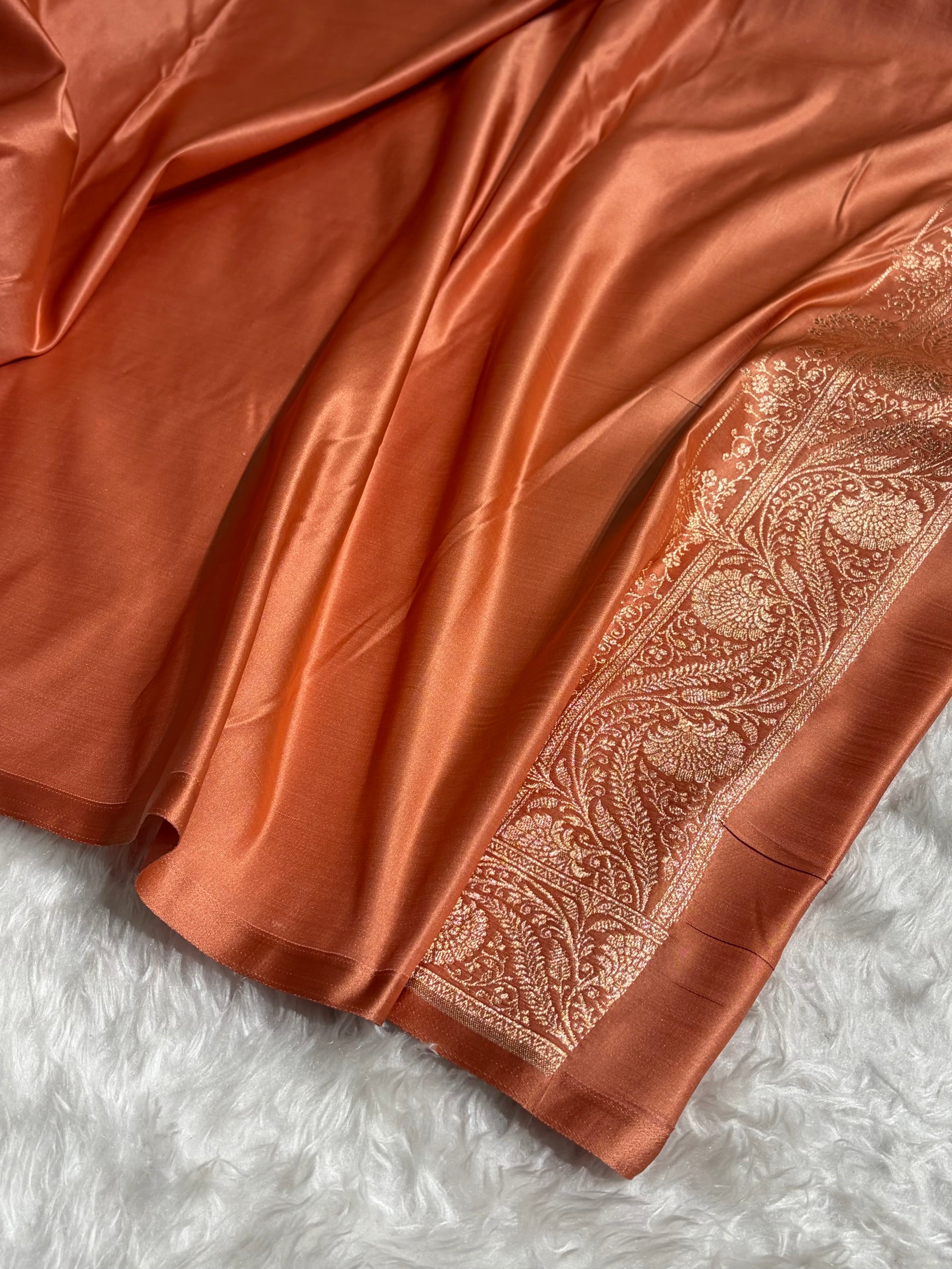 Banarasi Satin Katan Saree Jaal Pattern In Pastel Rust Shades SK133
