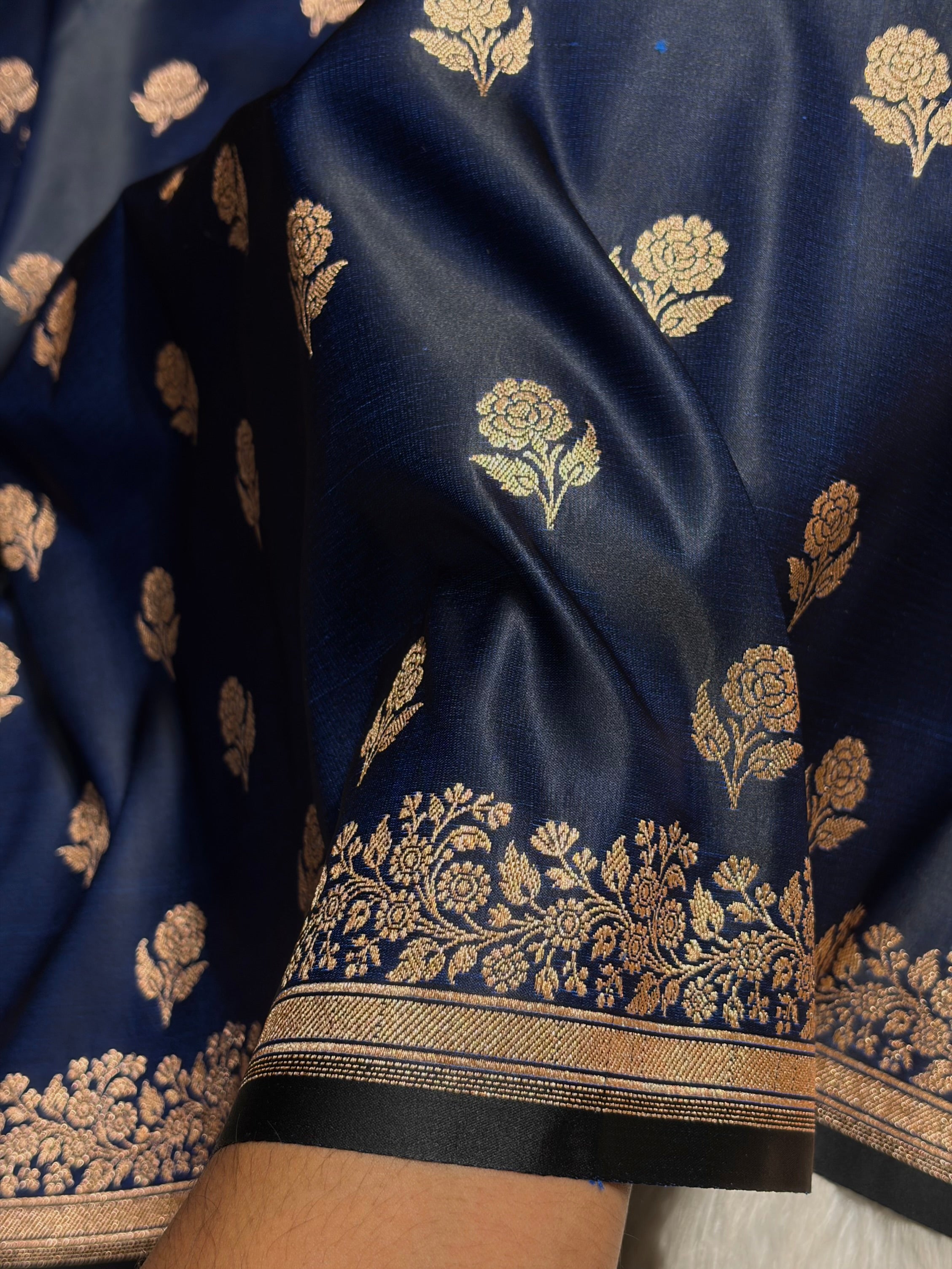 Navy Blue Floral Booti Katan Silk Saree SK23