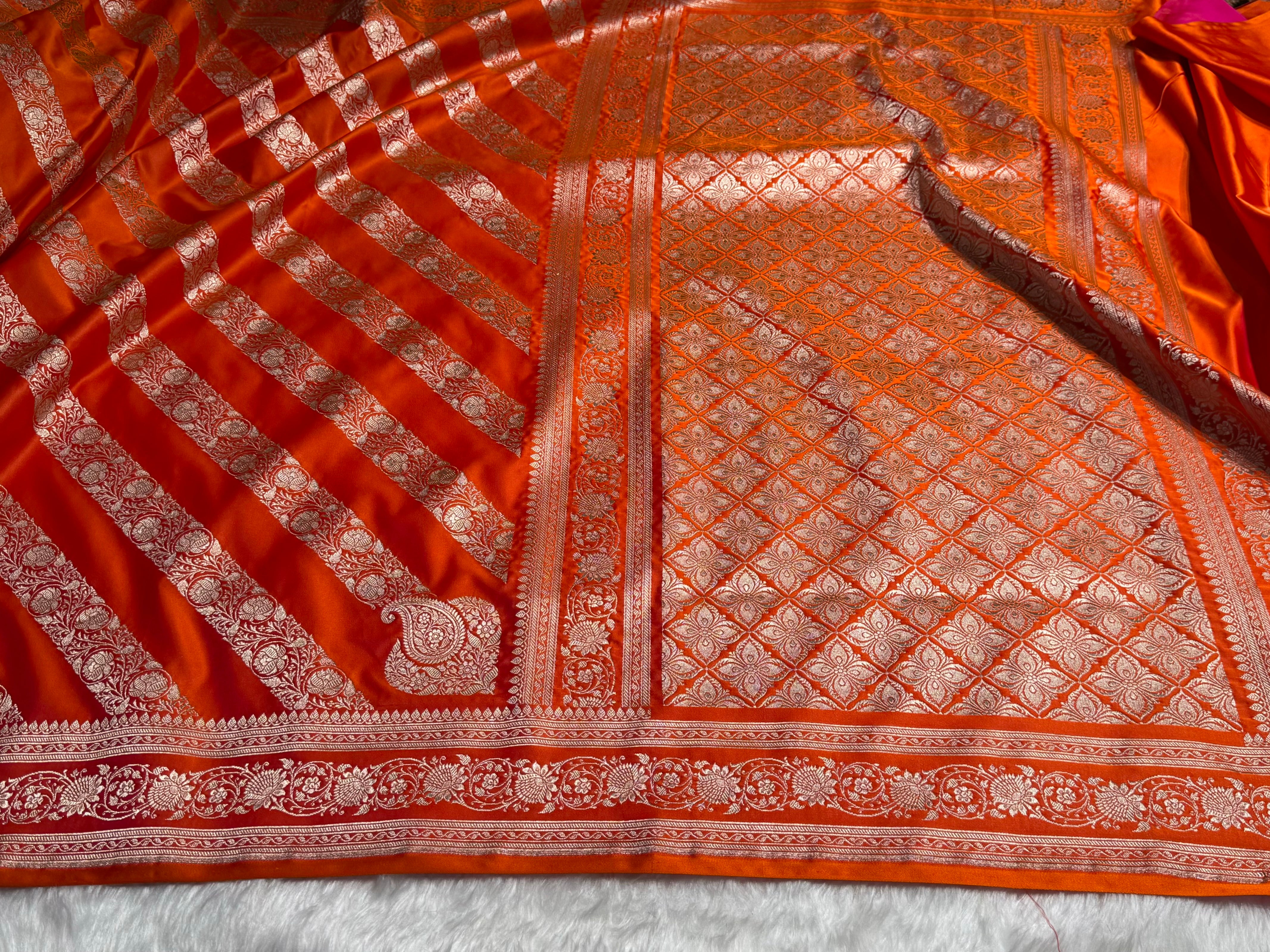 Orange Shades Banarasi Cross Pattern Floral Mashru Silk Saree MSM-102