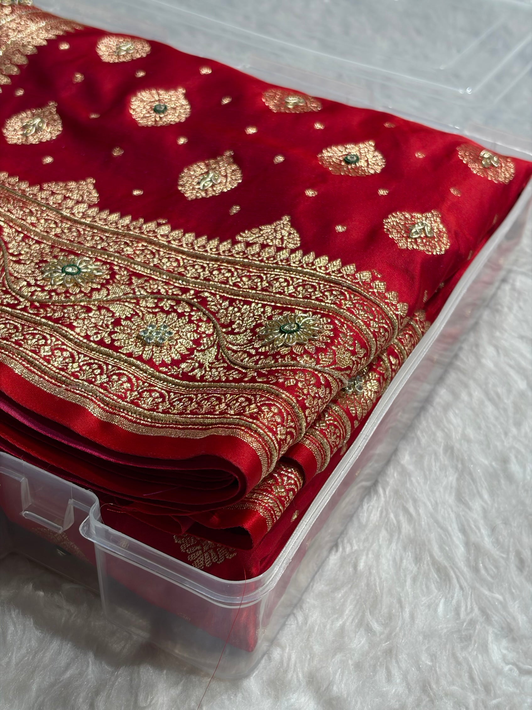 Bridal Red Unique Boota Pattern With Stone & Ari Work Satin Katan Silk Saree BSK69