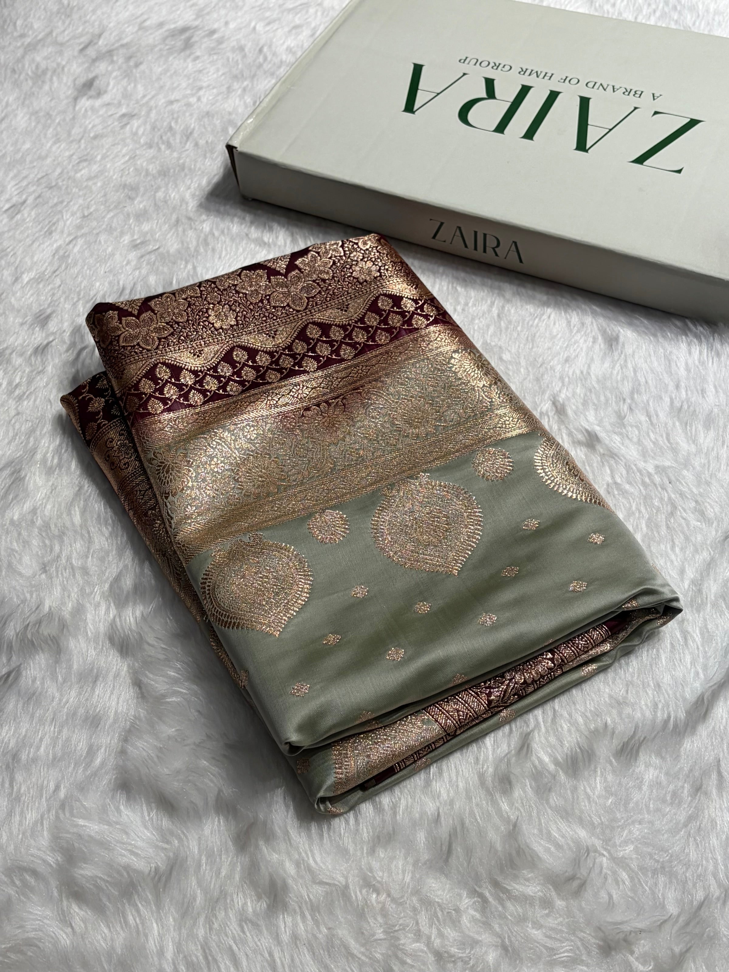 Pista with Chocolate Booti Satin Katan Silk saree SK29