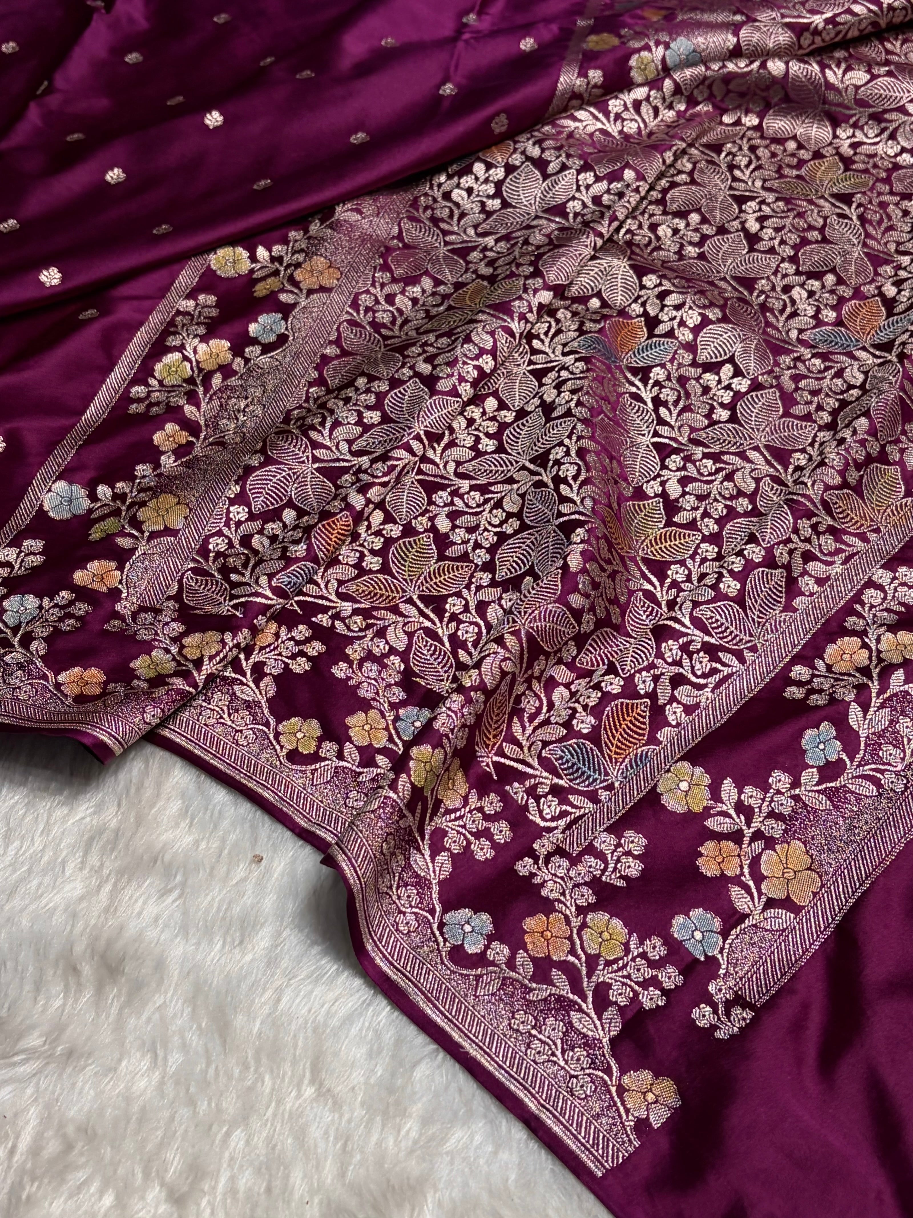 Wine Shades Minakari Floral Border Booti Mashru Silk Saree MS75