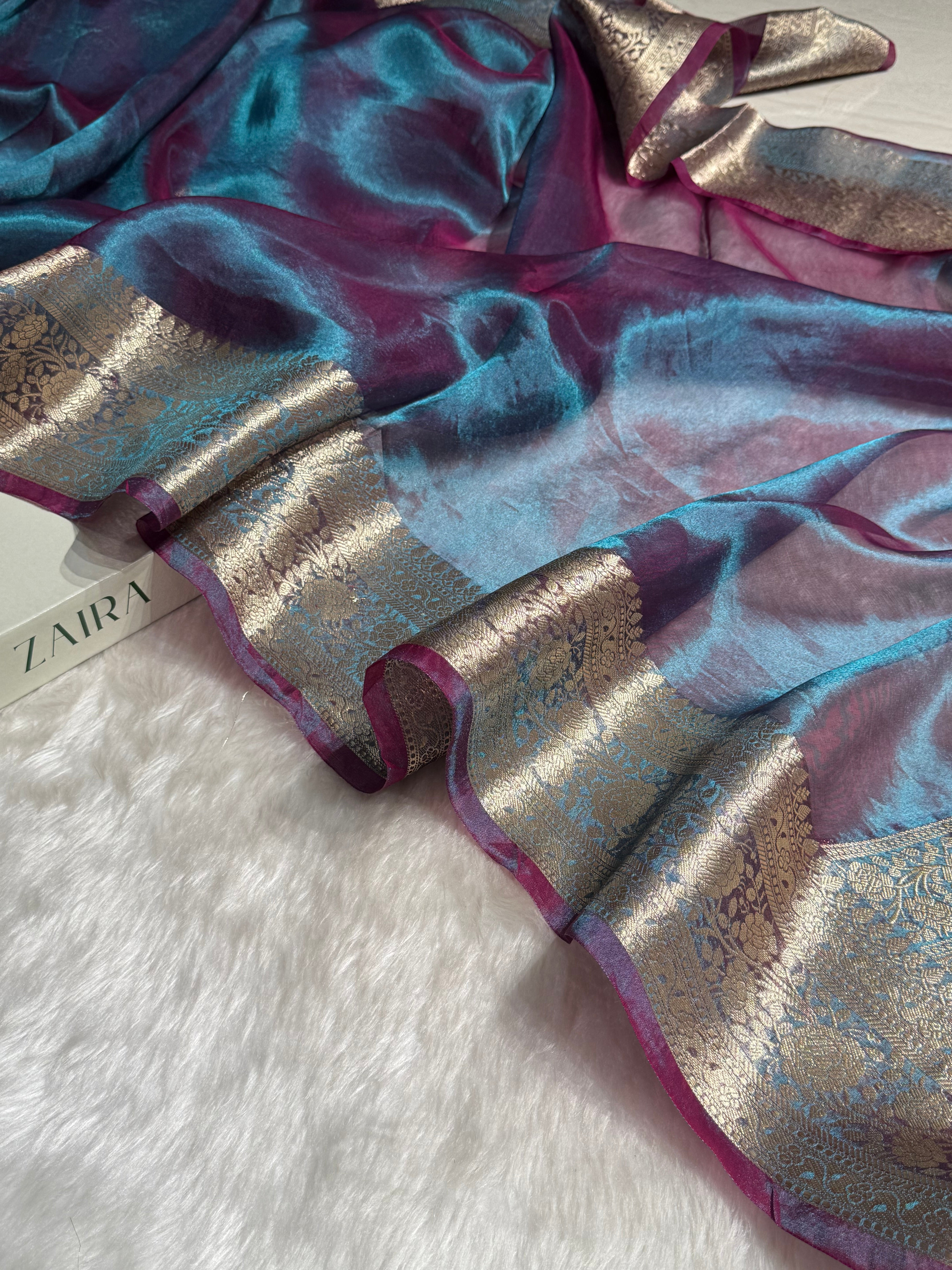 Purple Magenta Blue Shades Pure Tissue Silk Saree with Brocade Blouse PT-08