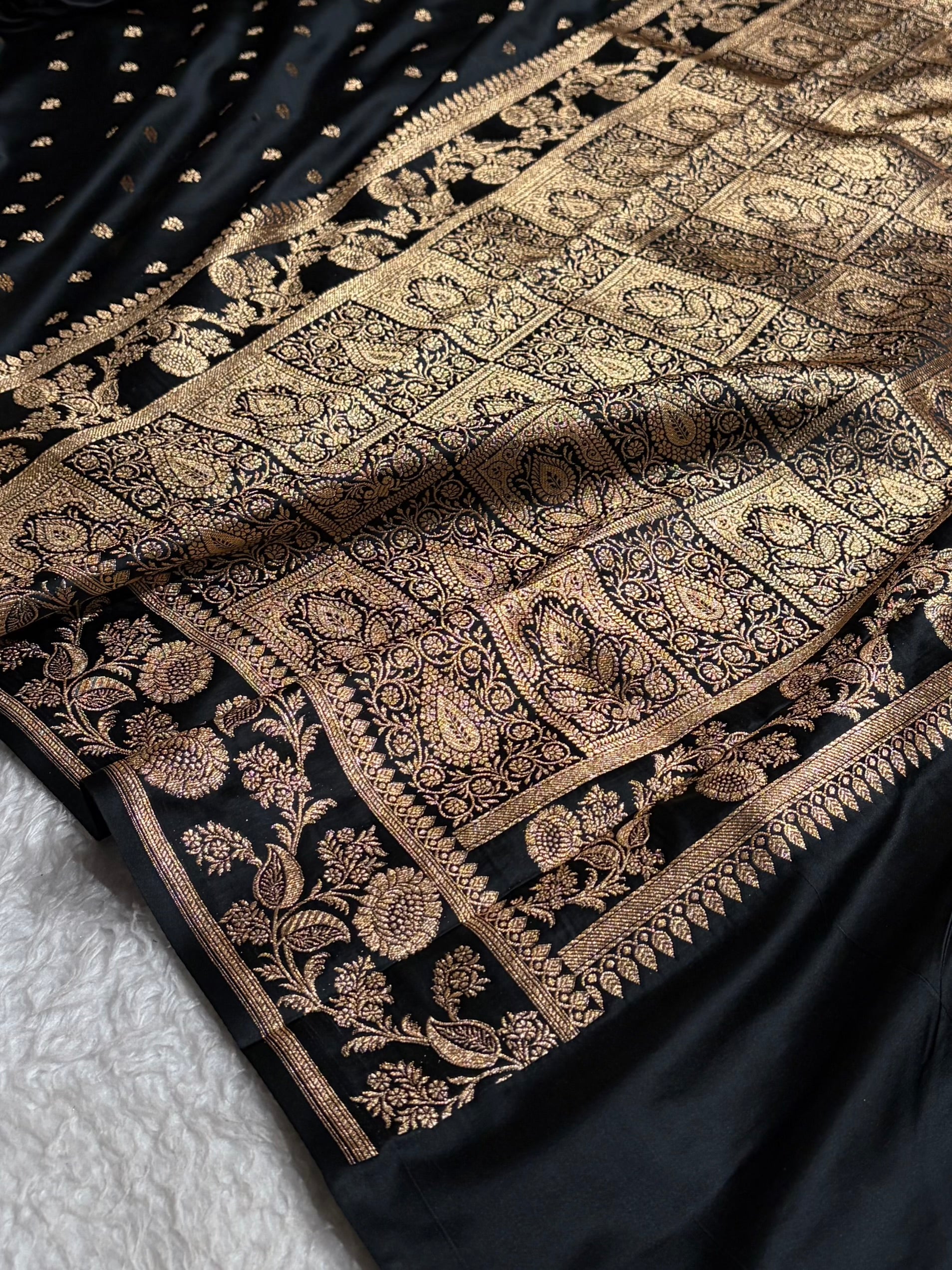 Black Floral Pattern Satin Katan Silk Saree SK77