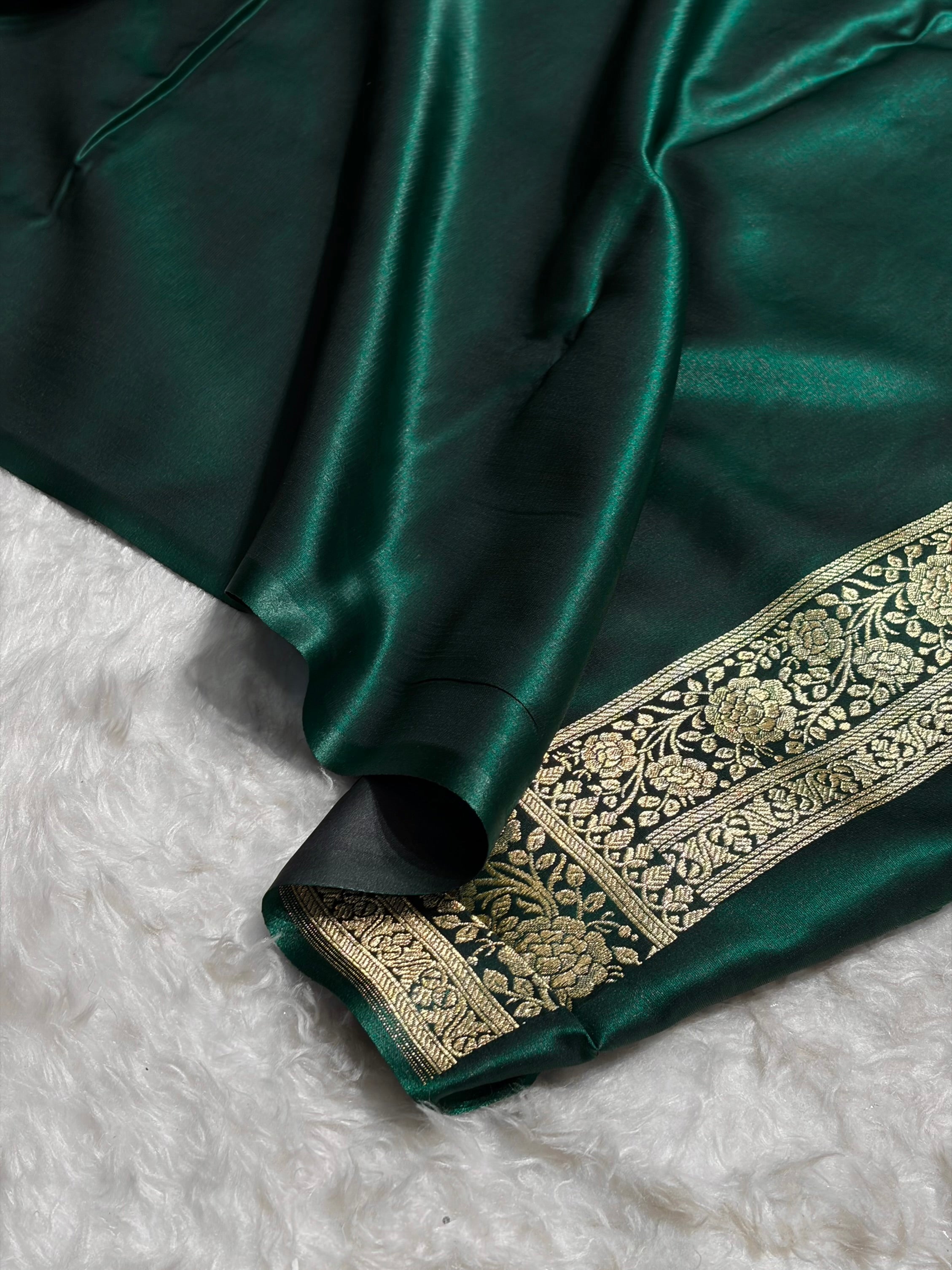 Banarasi Light Weight Dark Bottle Green shades Satin Silk Saree SS15
