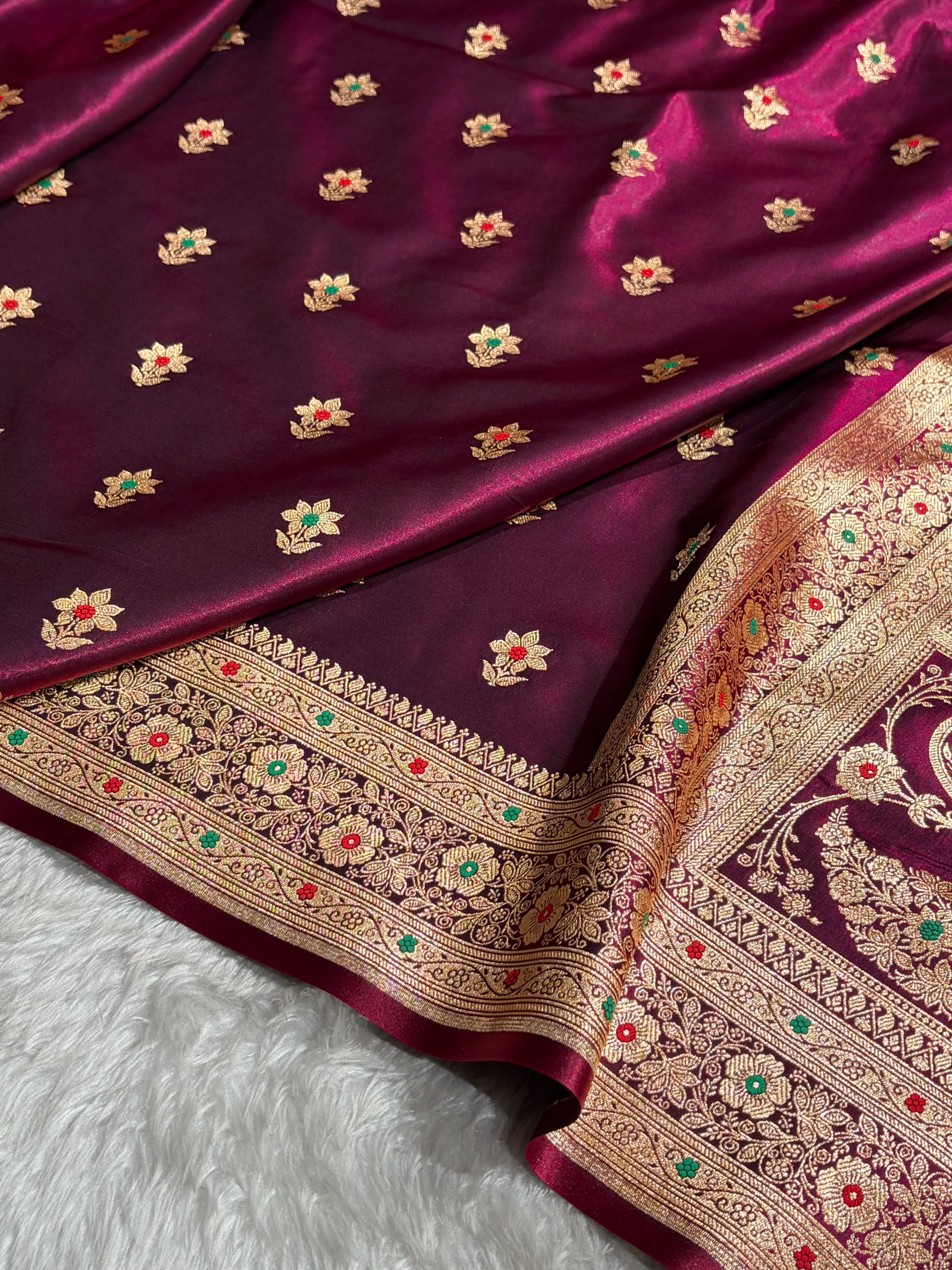 Wine Shades Minakari Boota Pattern Banarasi Satin Silk Saree SS44