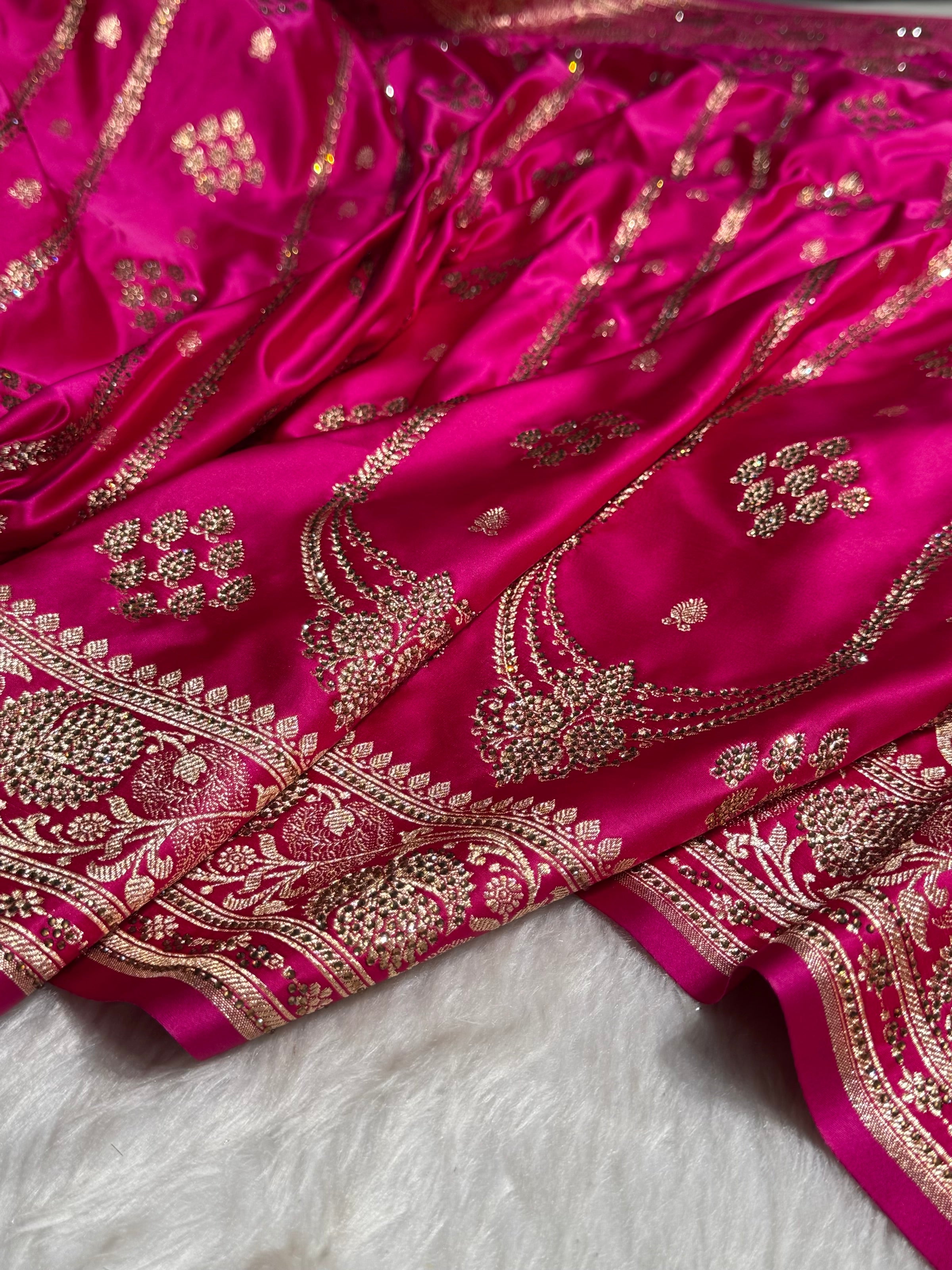 Rani Floral Boota Pattern With Siroski Stone Work Satin Katan Silk saree BSK39